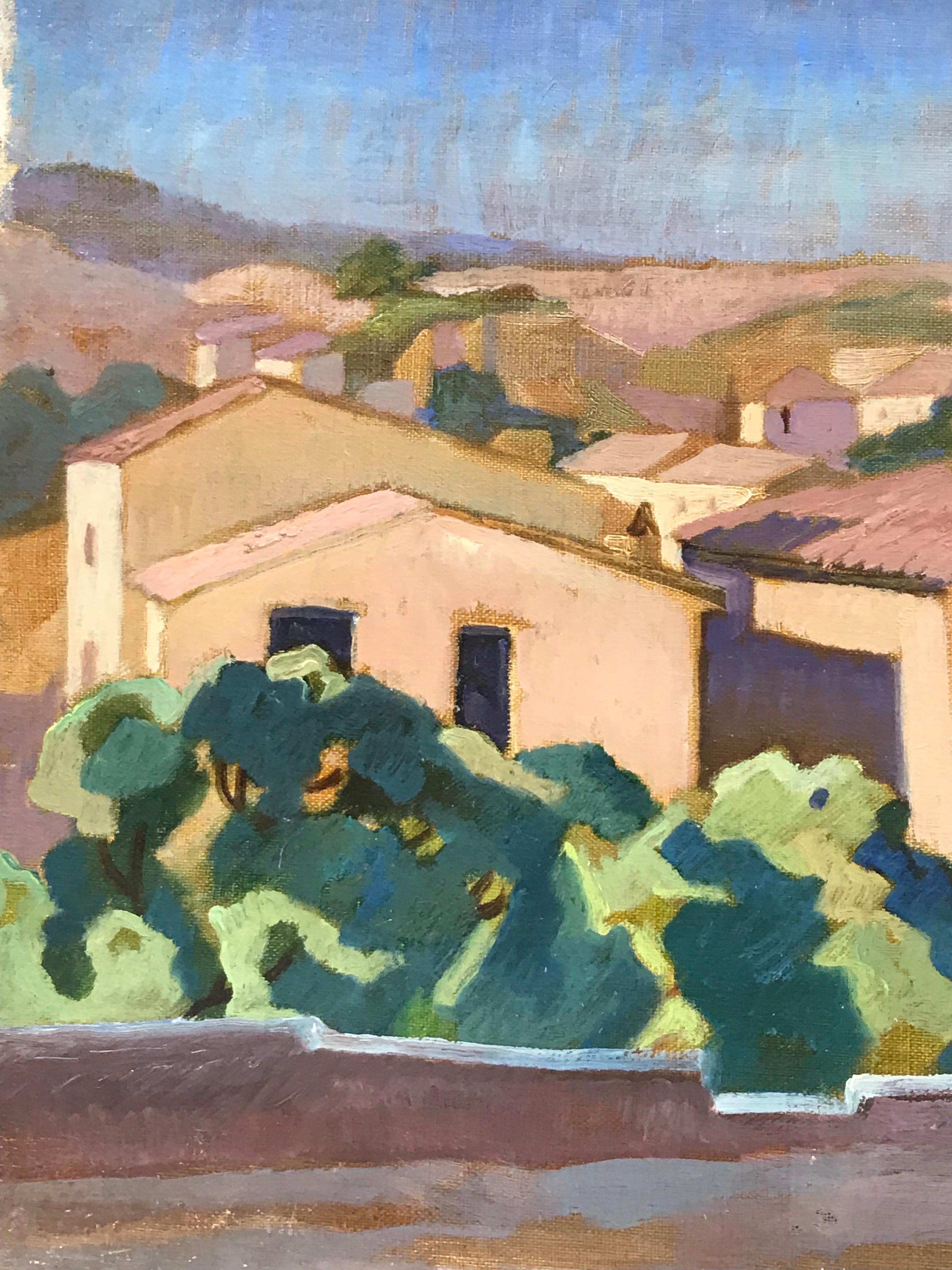 1930's French Impressionist Figure Walking Provencal Town & Rooftop views - Gray Figurative Painting by French School