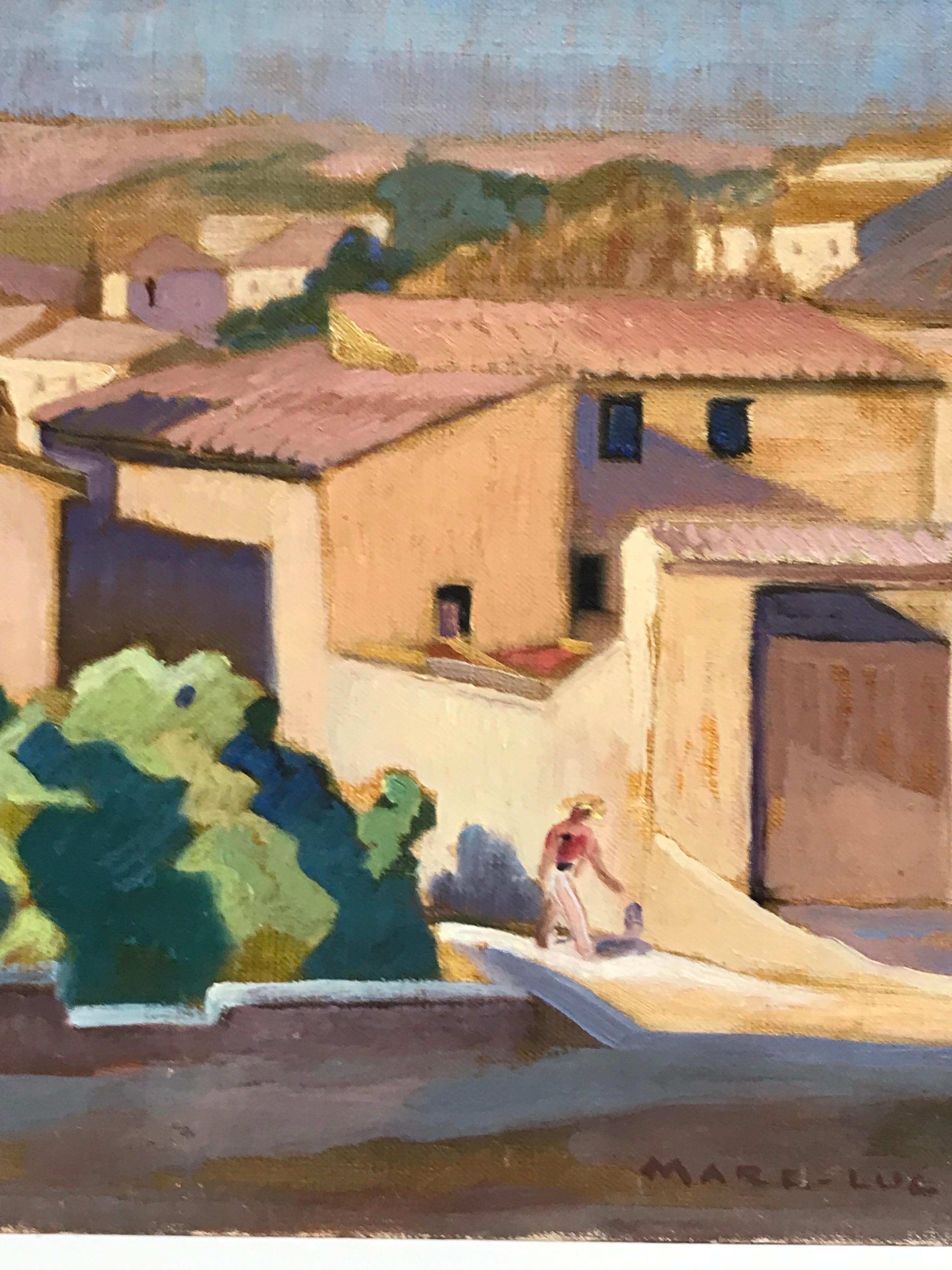 Artist/ School: French School, circa 1930's, inscribed verso.

Title:  View of a Provencal Village, with a figure walking through. Far reaching views over rooftops. 

Medium: oil painting on board, unframed, 

board: 13 x 16 inches

Provenance:
