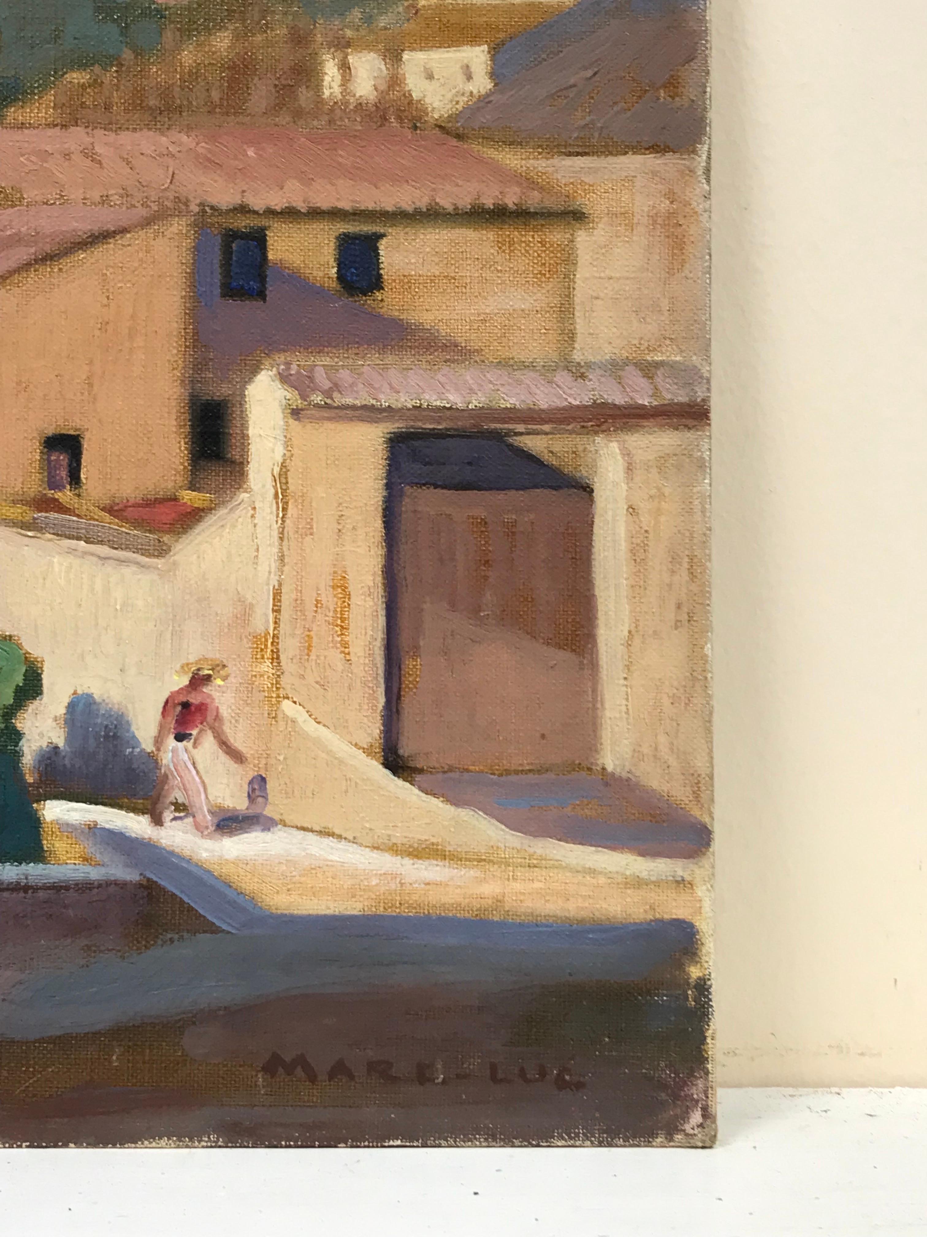 1930's French Impressionist Figure Walking Provencal Town & Rooftop views 1