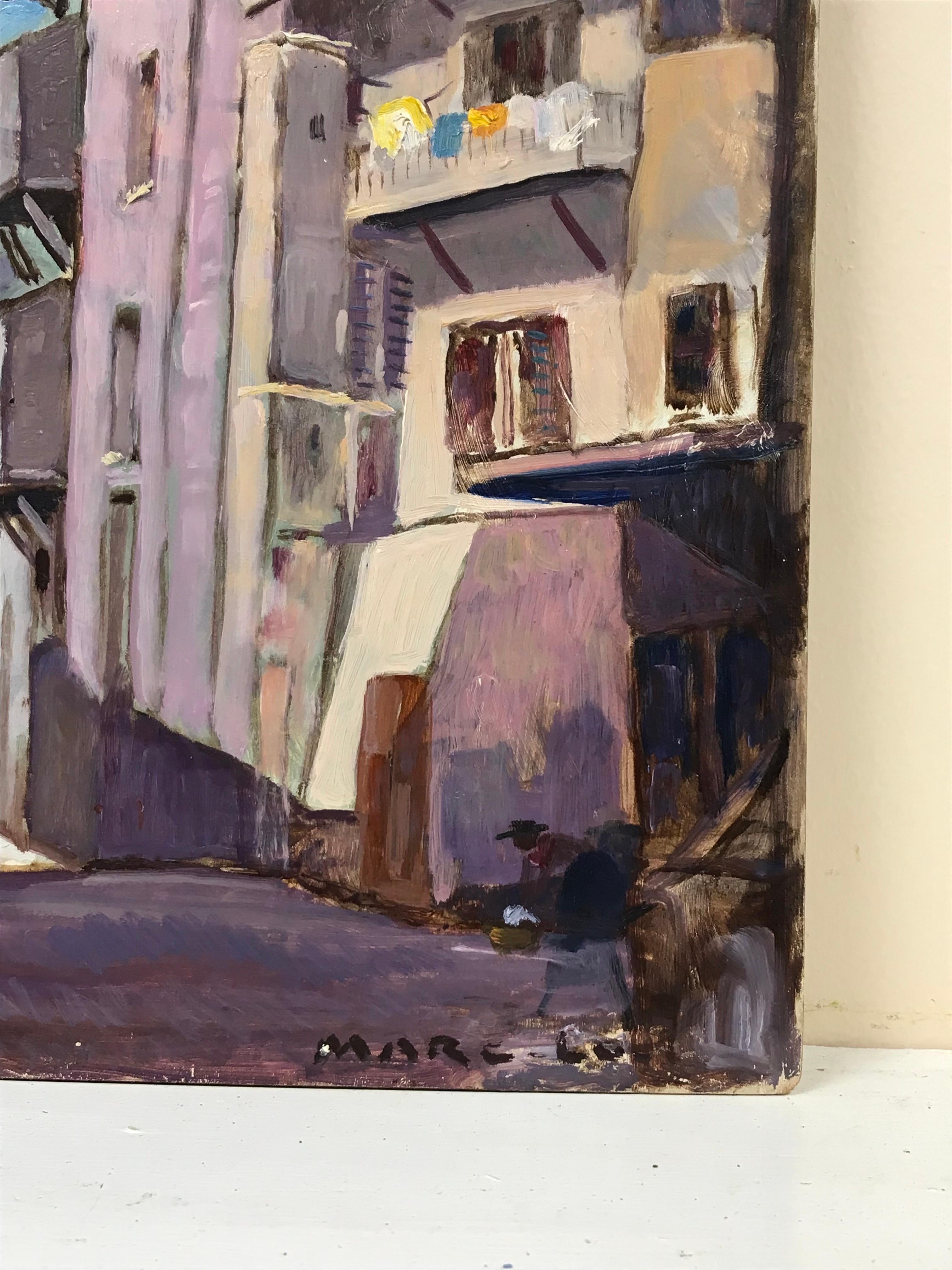 Peinture à l'huile impressionniste française des années 1930 - Vieux villages, maisons de ville et lave-vaisselle provençales - Gris Landscape Painting par French School