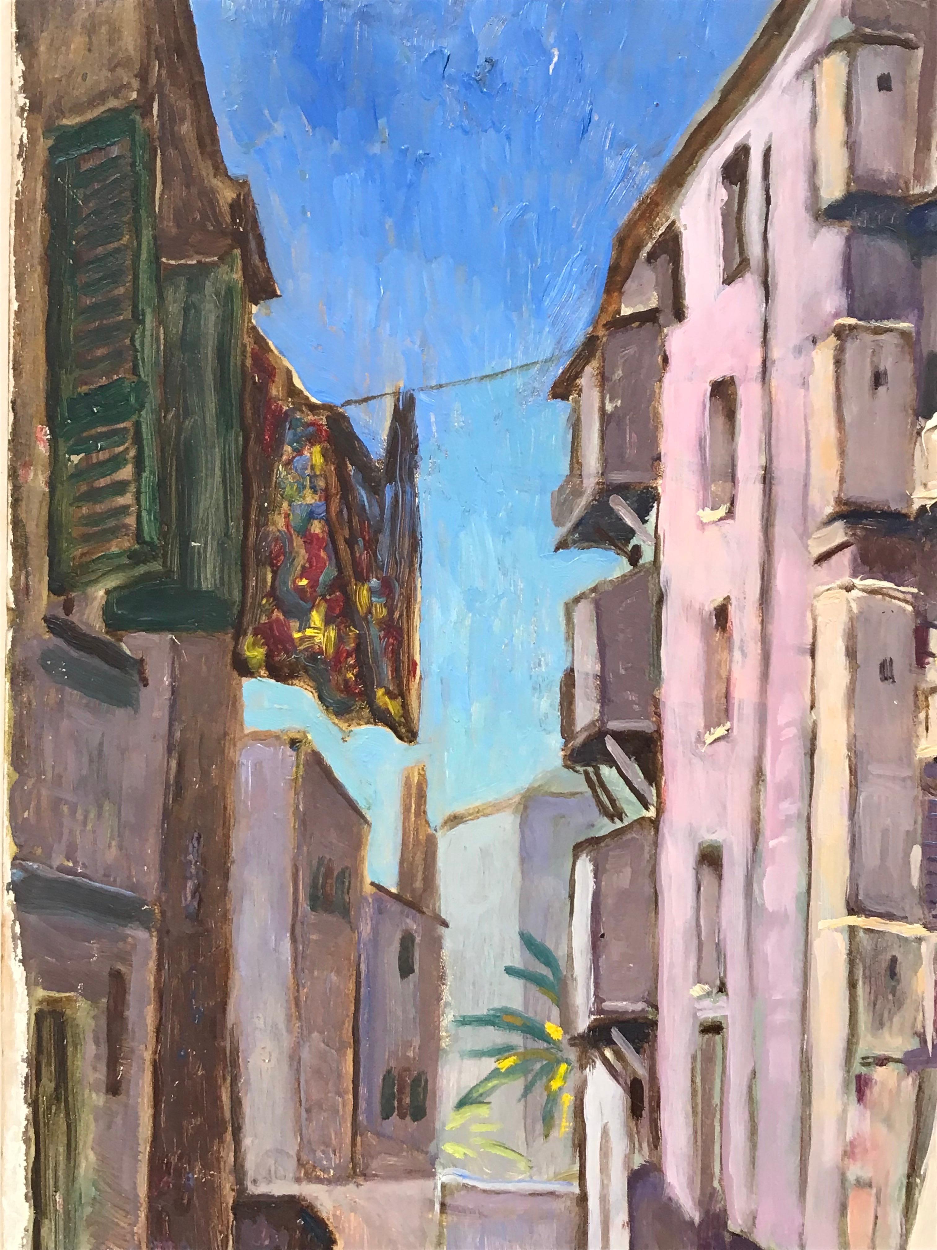 Peinture à l'huile impressionniste française des années 1930 - Vieux villages, maisons de ville et lave-vaisselle provençales en vente 1