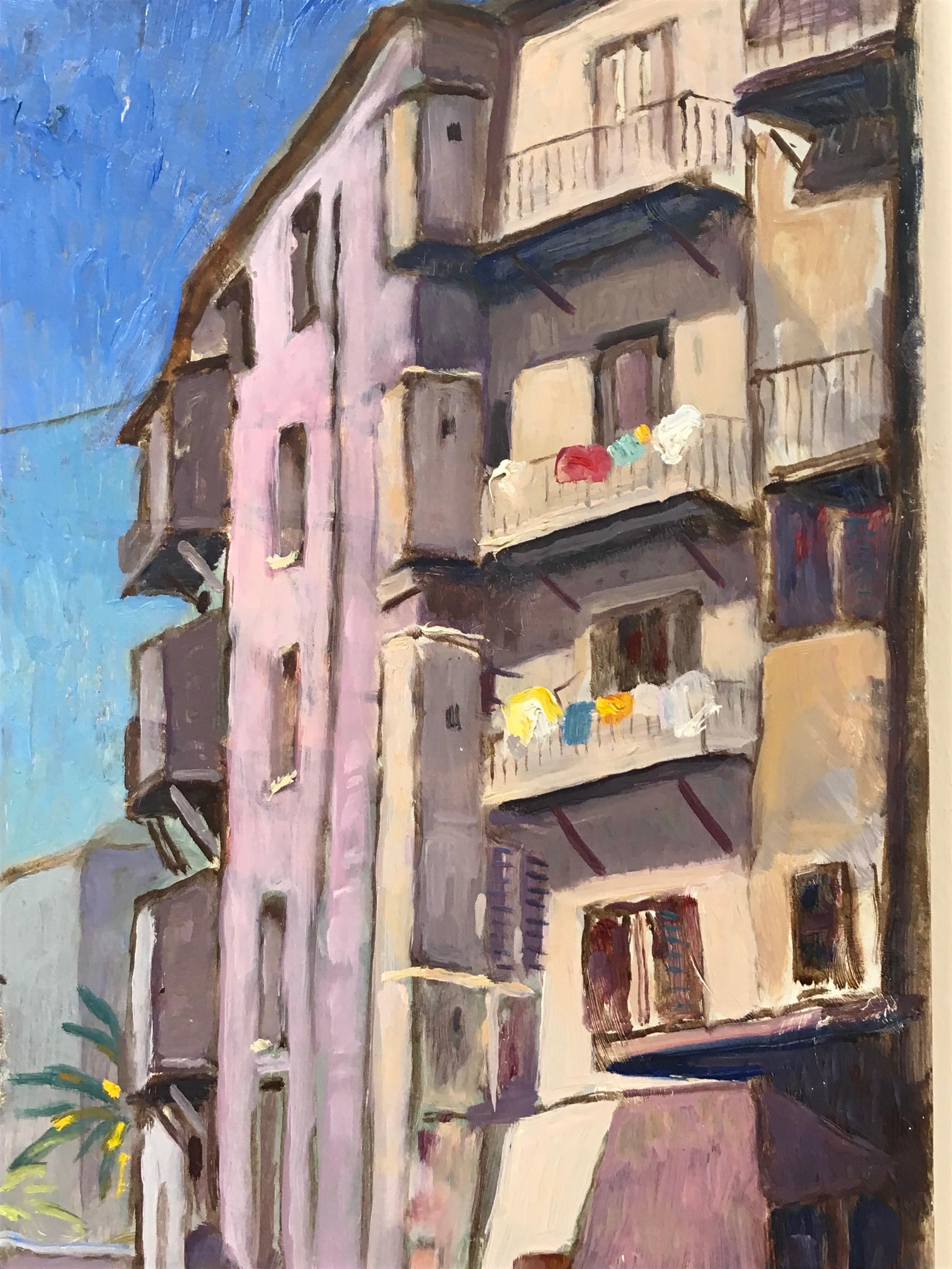 Artist/ School: French School, circa 1930's, inscribed verso.

Title: Provencal Village street scene with figures, old houses and washing hanging. 

Medium: oil painting on board, unframed, 

board: 16 x 12.75 inches

Provenance: private collection,