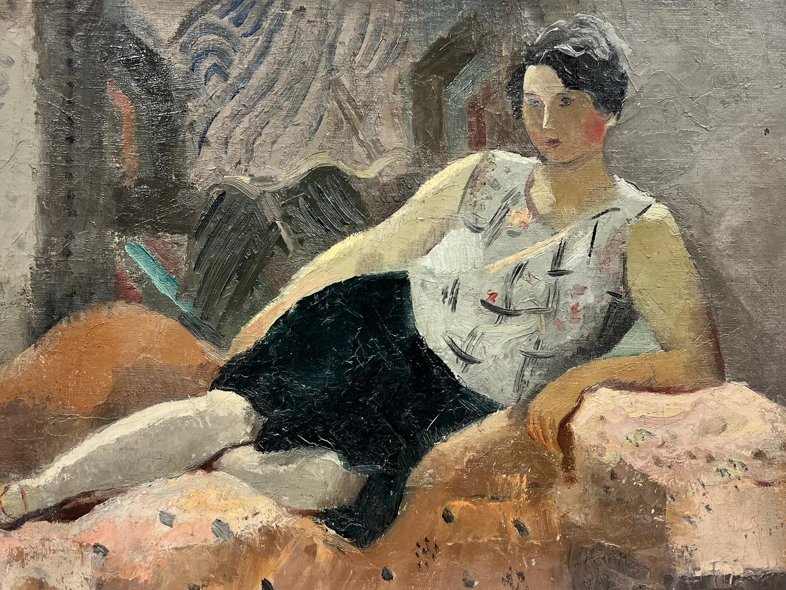 1930's French Modernist Signed Oil Portrait of Lady reclining on Sofa For Sale 1