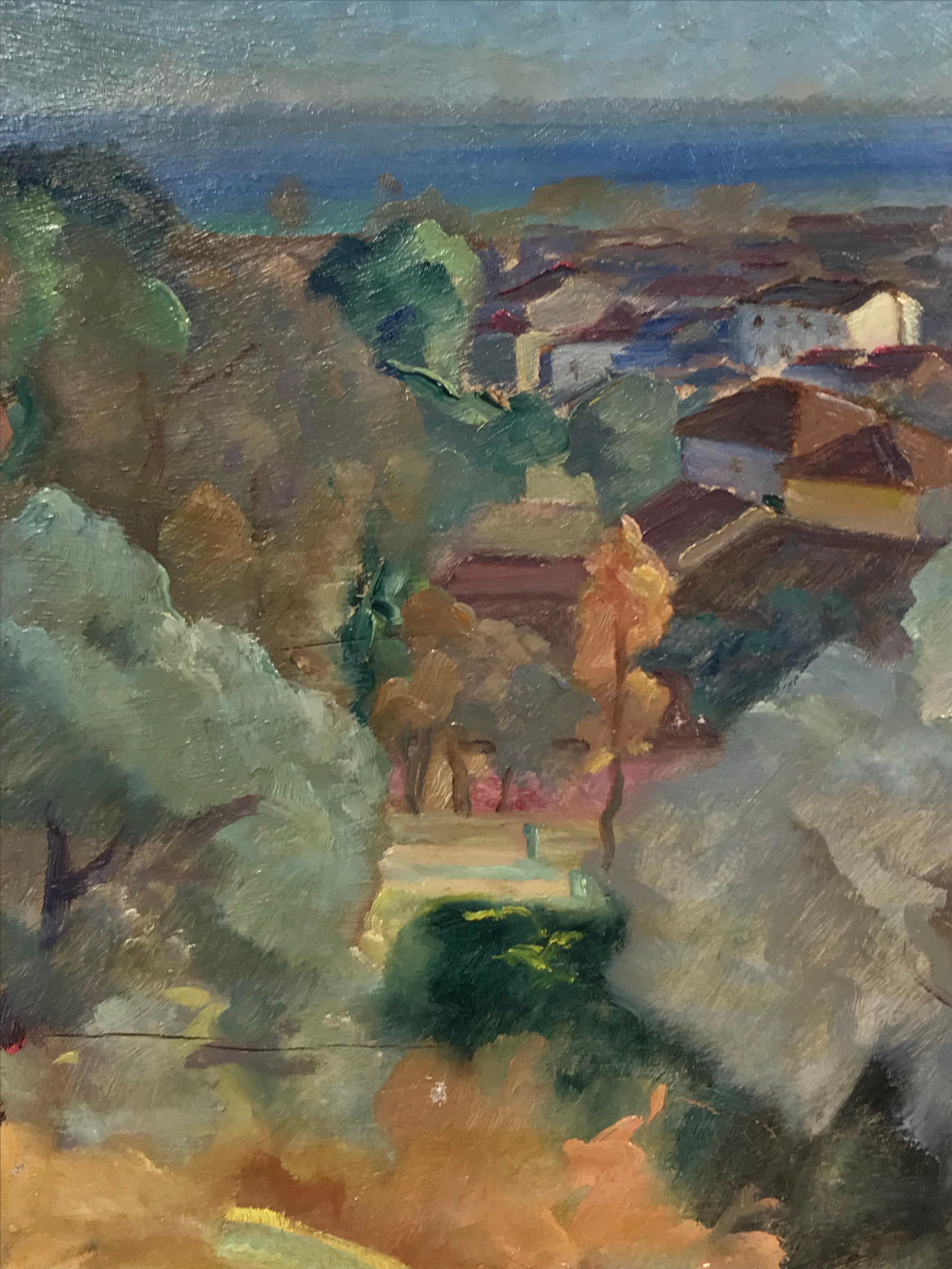 Artist/ School: French School, circa 1930's, inscribed verso.

Title: 'Cagnes', lovely Provence landscape scene with far reaching views towards the Mediterranean Sea. Superb soft pastel shades of colors. 

Medium: oil painting on board, unframed,
