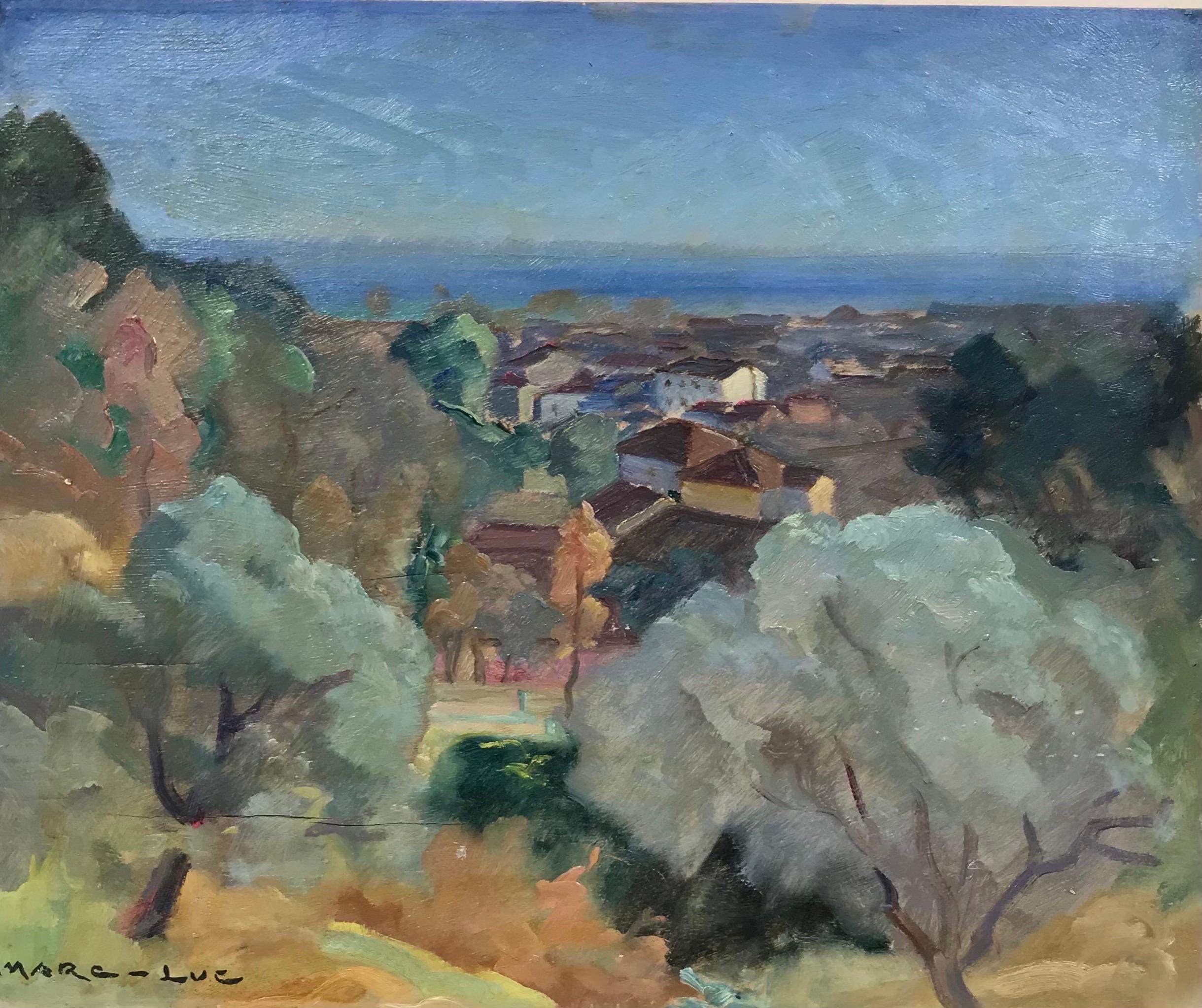 French School Figurative Painting - 1930's French Post Impressionist Oil Painting - Cote d'Azur through the trees