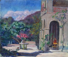 Peinture à l'huile post-impressionniste française des années 1930 - Jardins de fleurs de maison de campagne