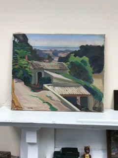 1930s French Post-Impressionist Oil Painting - Pink Rooftops over Provence Coast