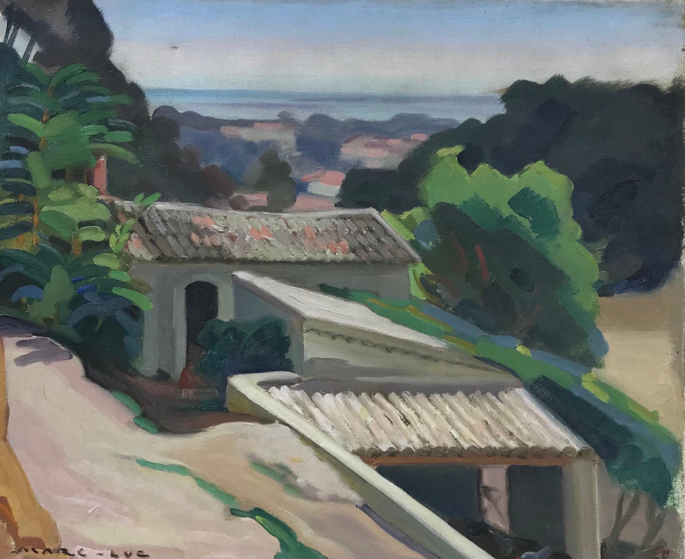 Peinture à l'huile post-impressionniste française des années 1930 - Coqs roses au-dessus de la côte de Provence