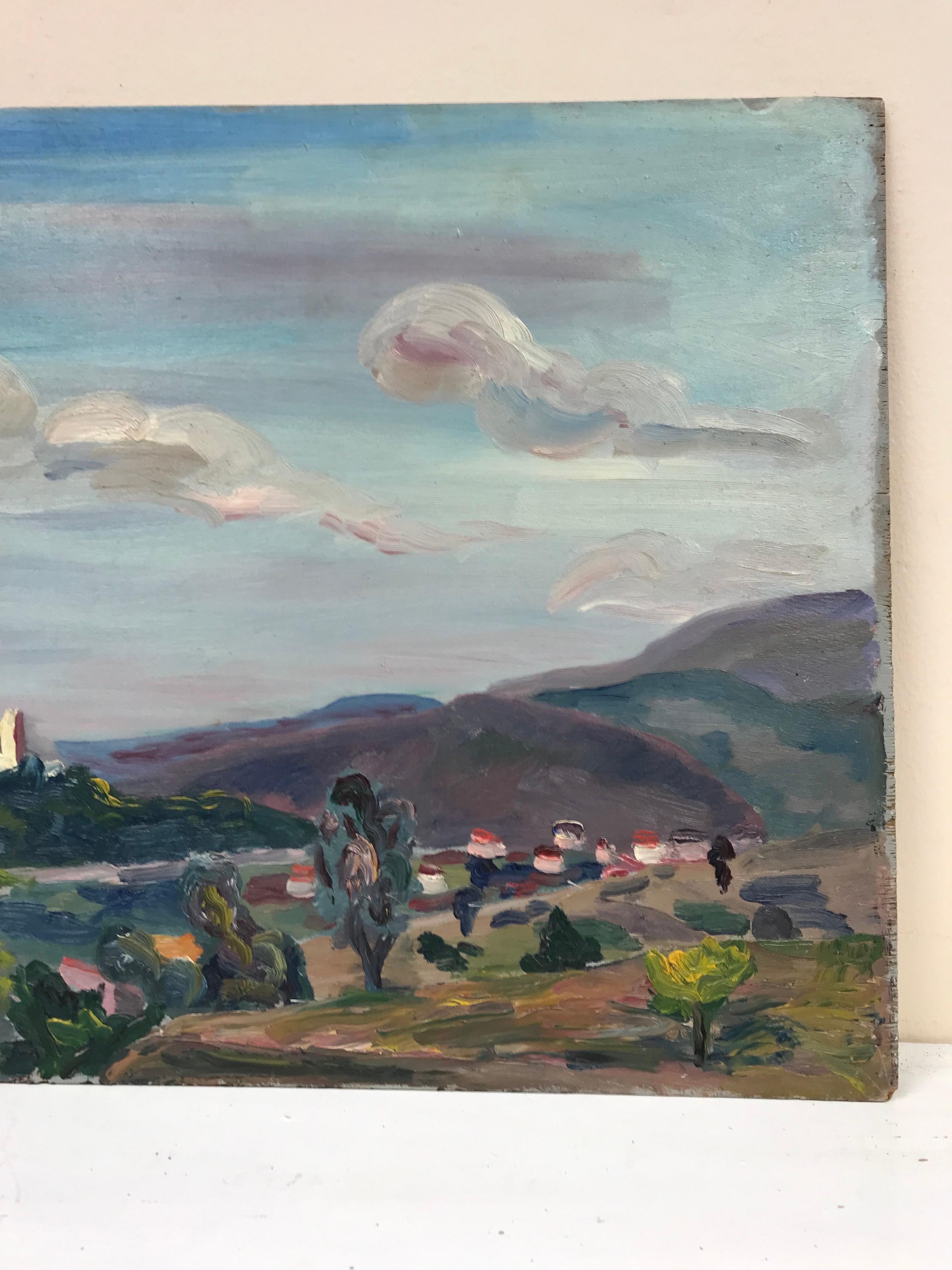 Peinture à l'huile post-impressionniste française des années 1930 - Peinture à l'huile de paysage de Provence Panoramic  - Fauvisme Painting par French School