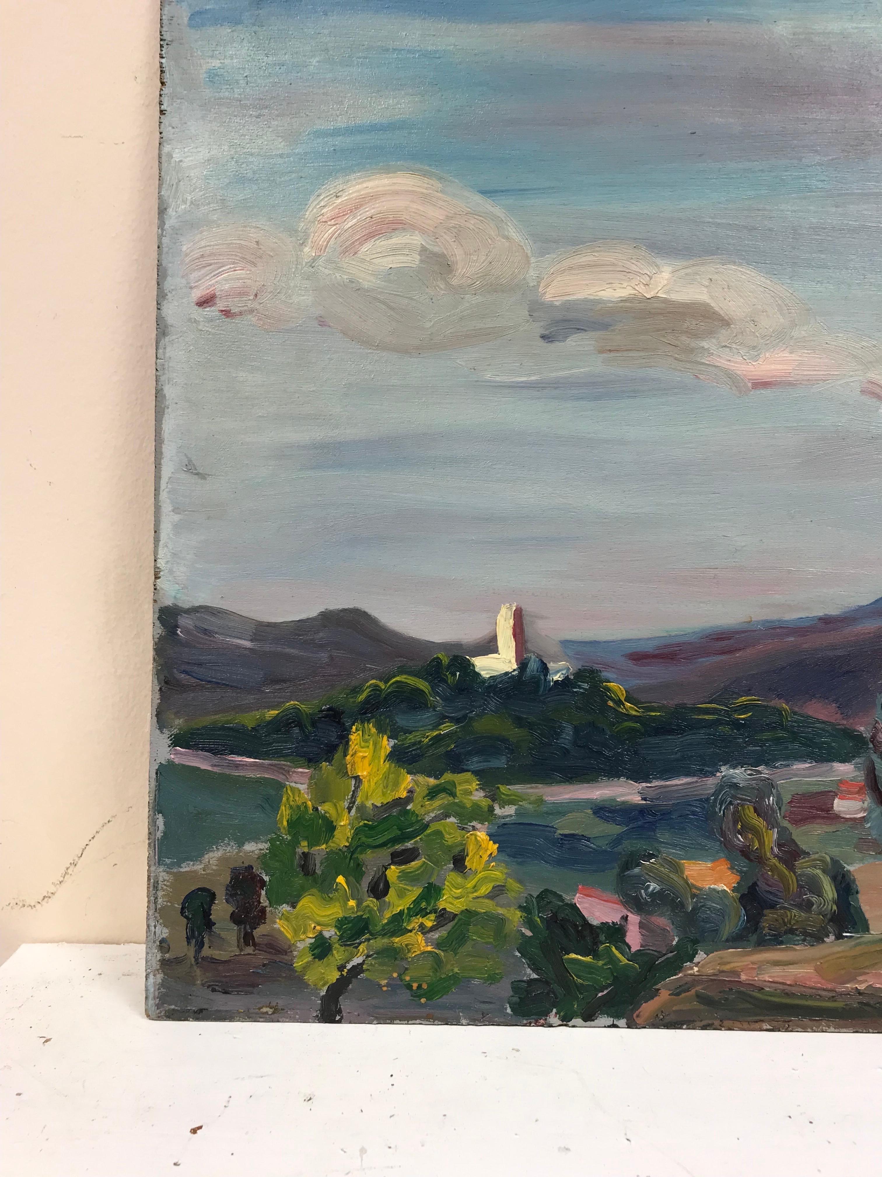 Peinture à l'huile post-impressionniste française des années 1930 - Peinture à l'huile de paysage de Provence Panoramic  - Gris Landscape Painting par French School