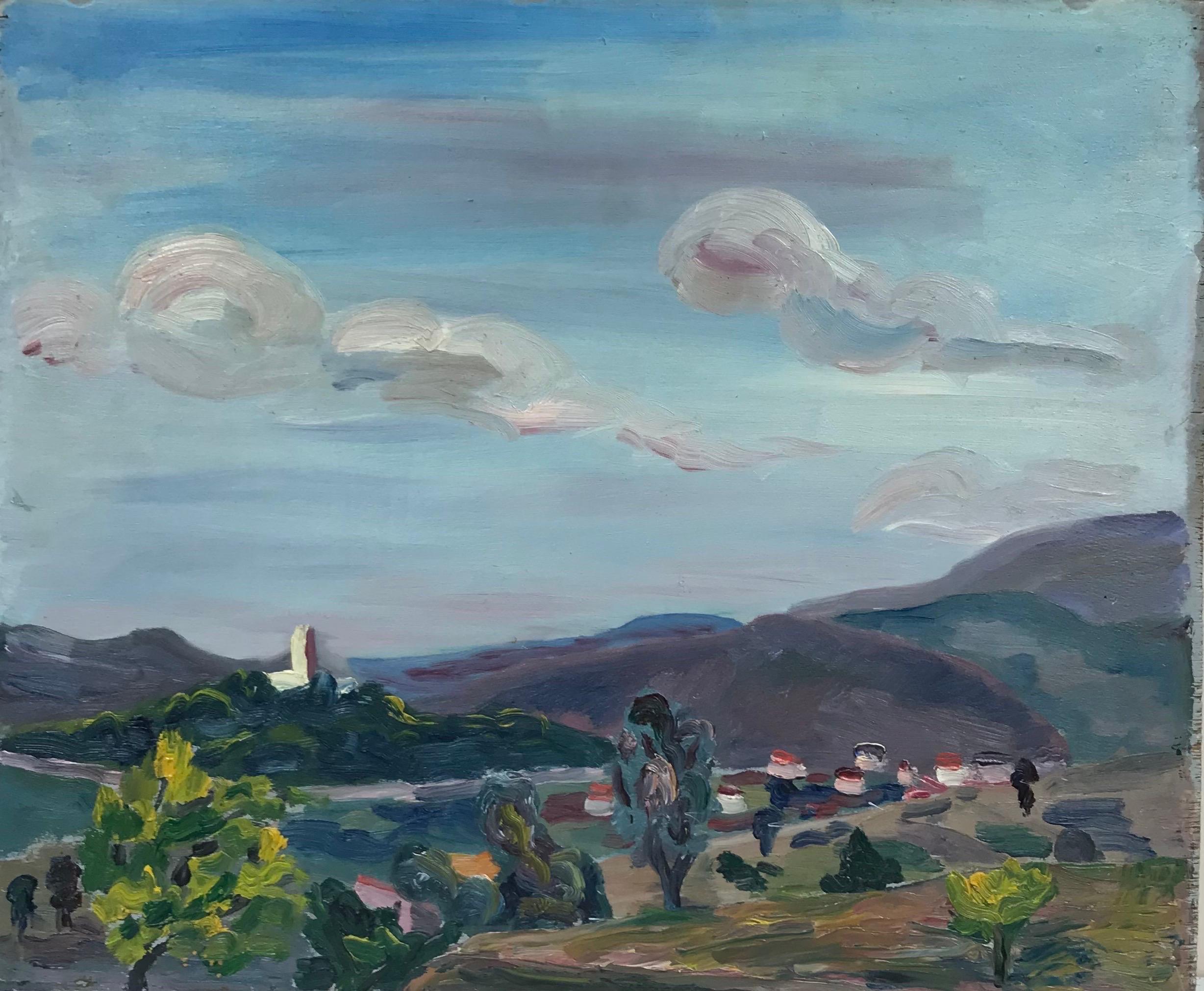 Landscape Painting French School - Peinture à l'huile post-impressionniste française des années 1930 - Peinture à l'huile de paysage de Provence Panoramic 