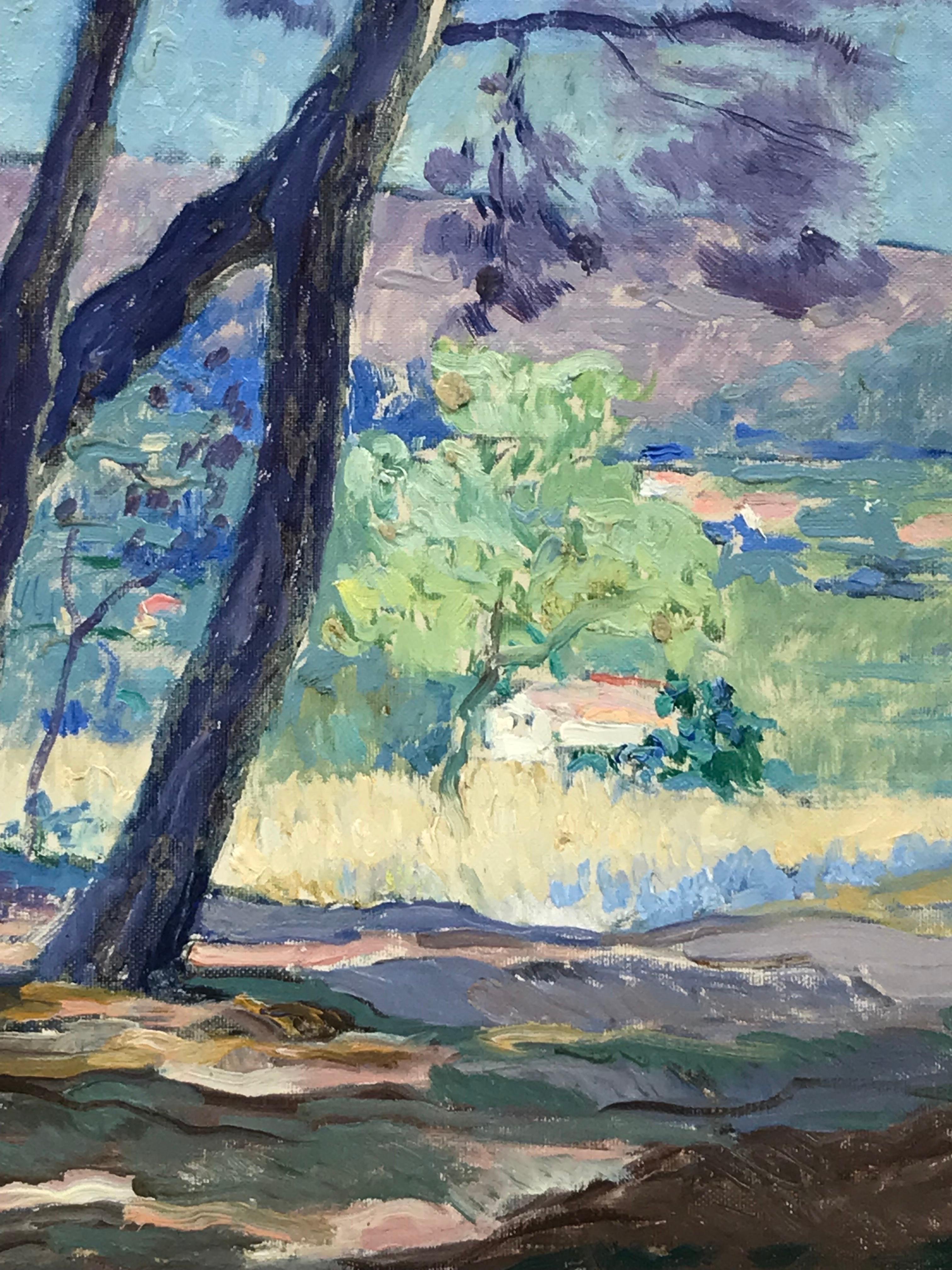 Artist/ School: French School, circa 1930's, inscribed verso.

Title: Summer in Provence

Medium: oil painting on canvas board, unframed, 

board: 15 x 18 inches

Provenance: private collection, France

Condition: The painting is in overall very