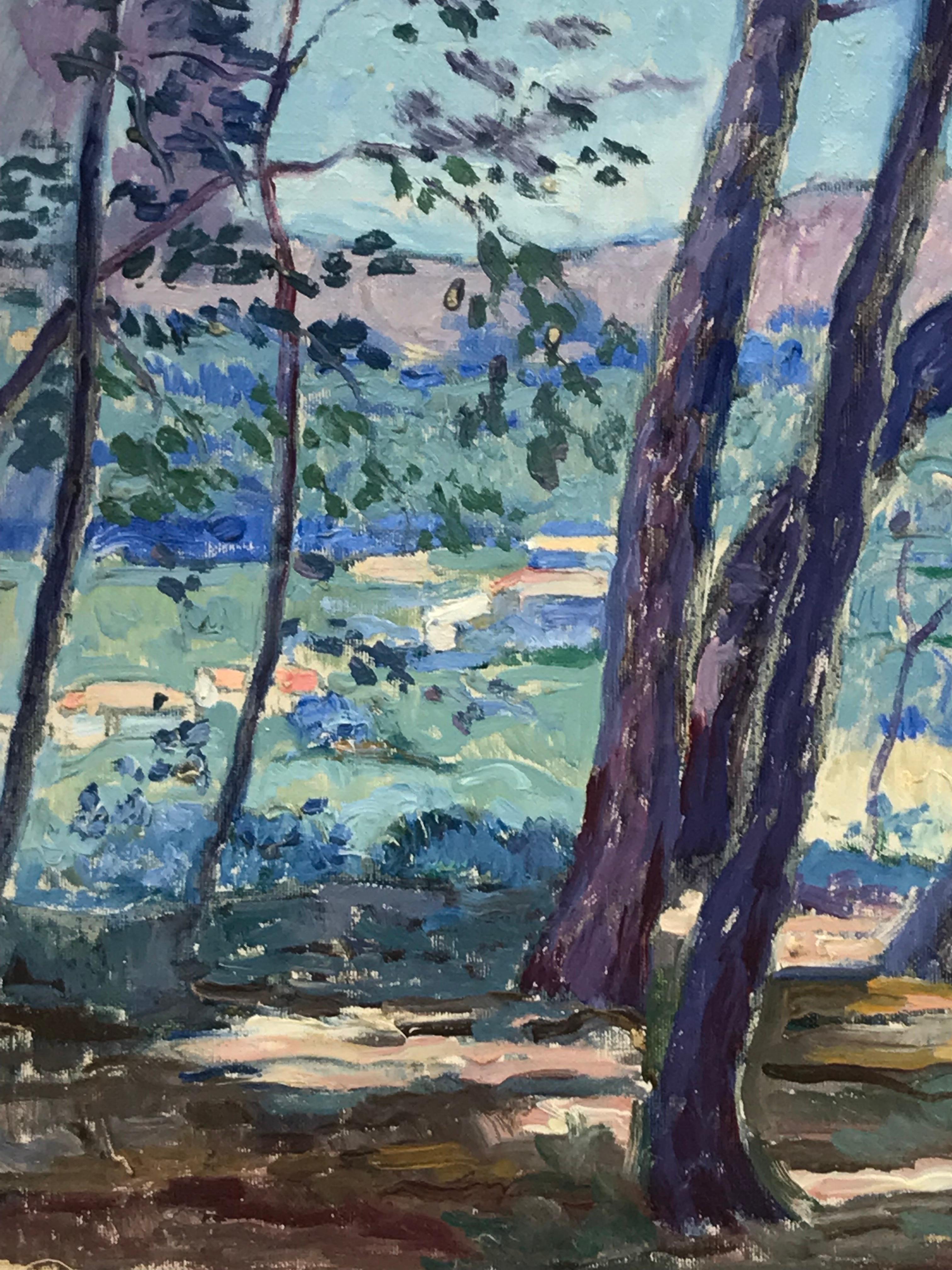 Peinture à l'huile post-impressionniste française des années 1930 - paysage de Provence d'été - Gris Landscape Painting par French School