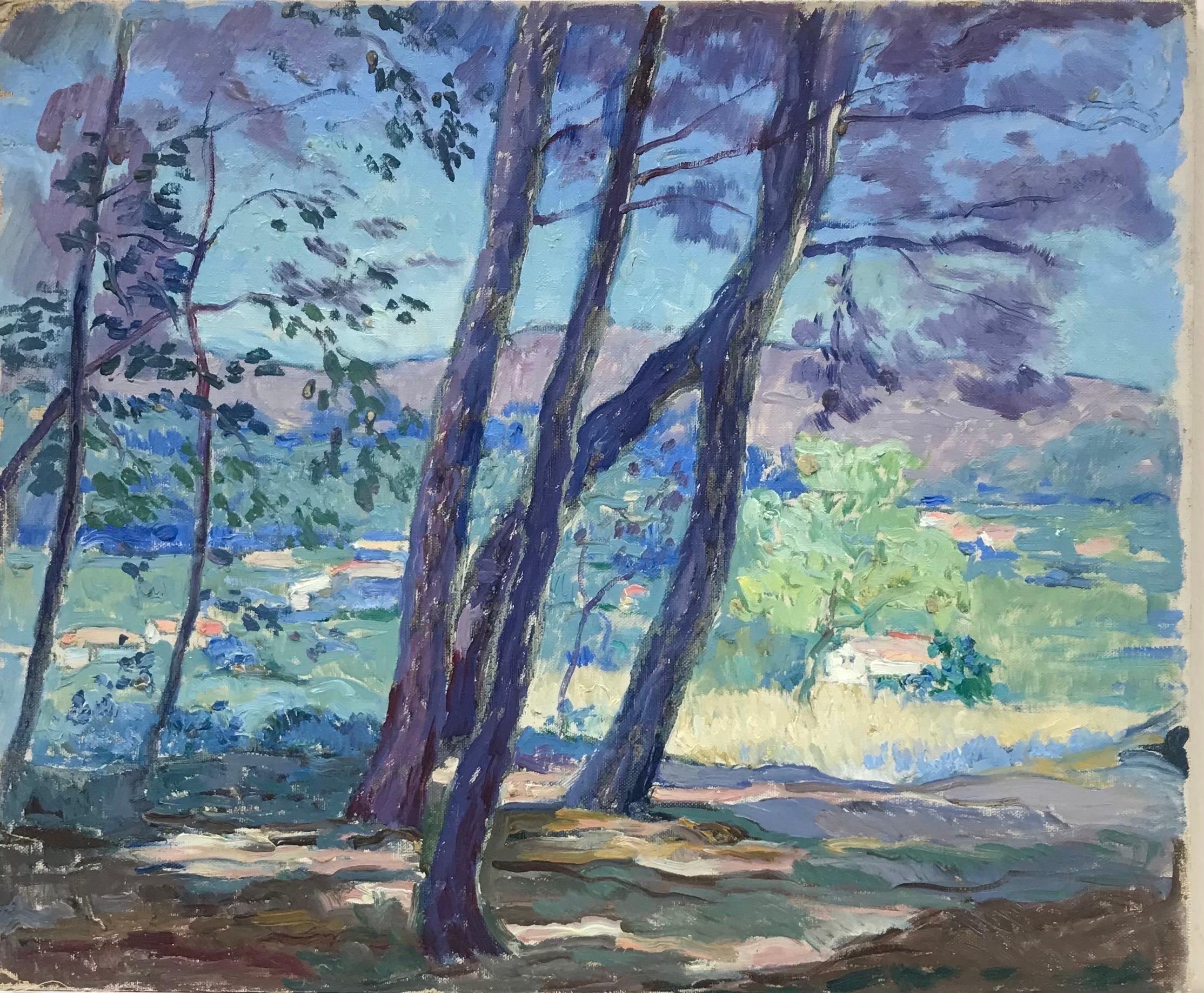 Landscape Painting French School - Peinture à l'huile post-impressionniste française des années 1930 - paysage de Provence d'été