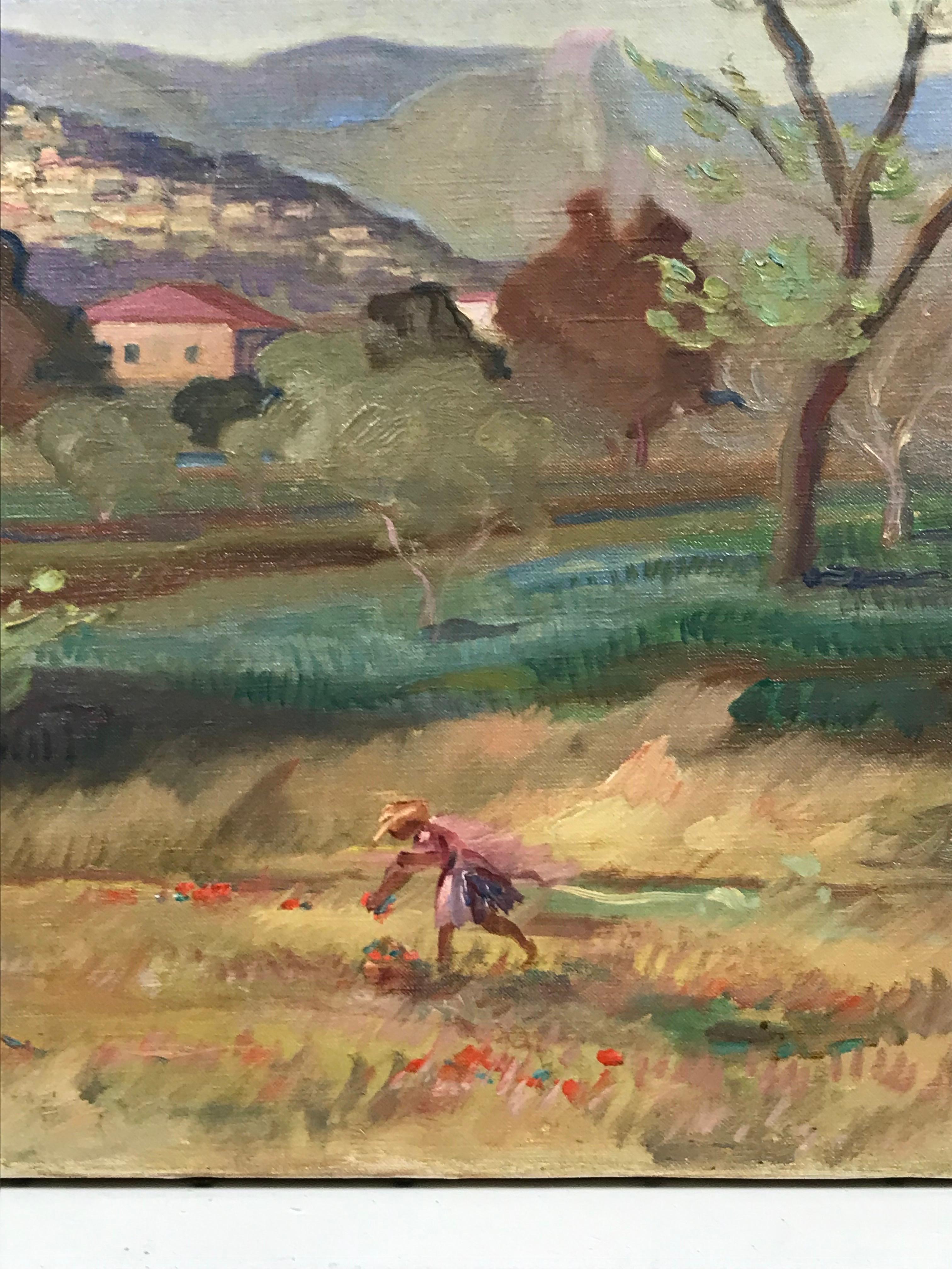 1930's French Post-Impressionist Signed Oil - Girl in Poppy Field Provence - Fauvist Painting by French School