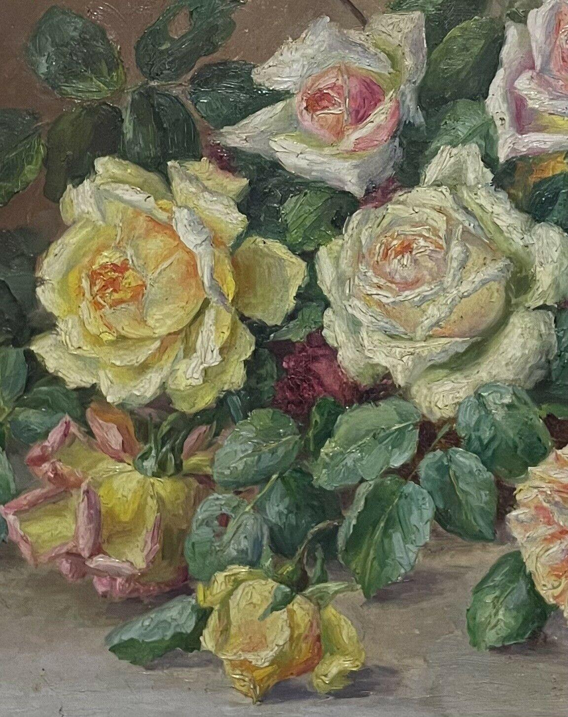 1930's French Vintage Still Life Flower Painting Roses in Basket, signed framed - Gray Still-Life Painting by French School