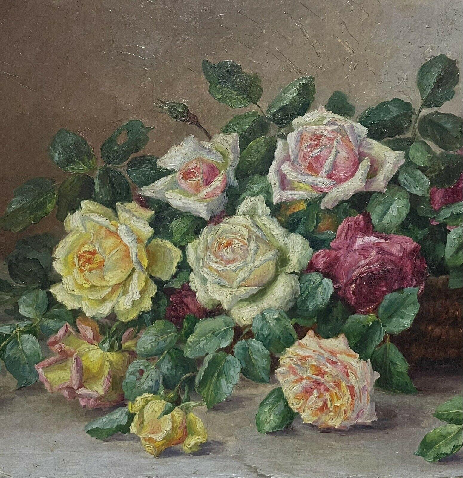 Artist/ School: French School, circa 1930's, signed by the artist lower corner

Title: Still life of roses

Medium: signed, oil painting on canvas, framed.

framed:  24 x 30.5 inches
canvas:   21 x 25.5 inches

Provenance: private collection,