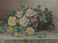1930's French Vintage Still Life Flower Painting Roses in Basket, signed framed
