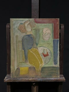 1940's French Modernist Figure in Interior Setting, Intriguing Oil Painting