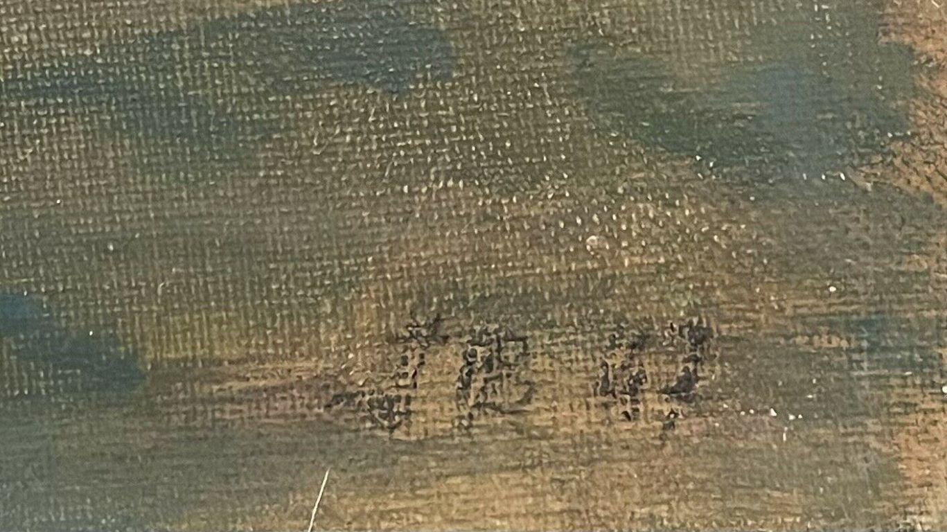 Figure moderniste française des années 1940 dans un décor intérieur, peinture à l'huile intrigante en vente 1