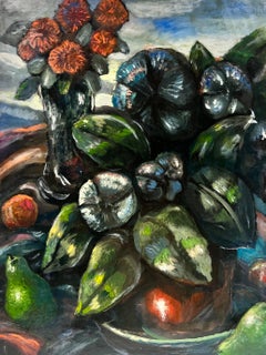 1940's French Modernist Signed Oil Pears & Flowers, Monte Carlo show exhibited