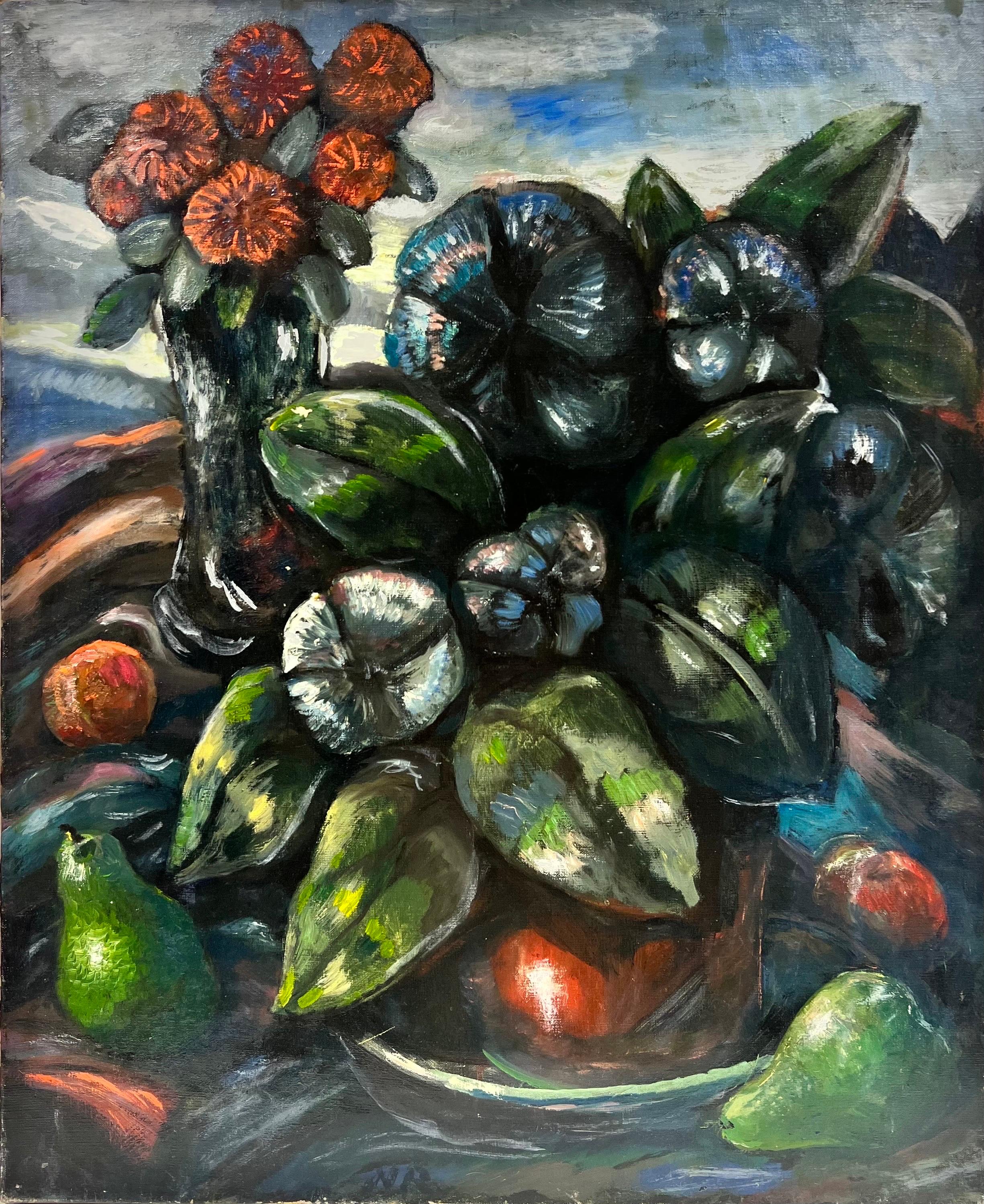 French School Landscape Painting – Französische modernistische signierte Öl Birnen und Blumen, Monte Carlo-Ausstellung, 1940er Jahre, ausgestellt in Öl