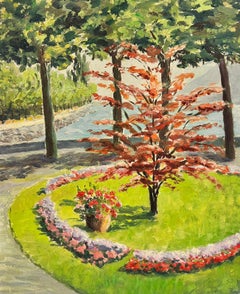 1950's French Impressionist Signed Oil Flower Garden overlooking the Coast