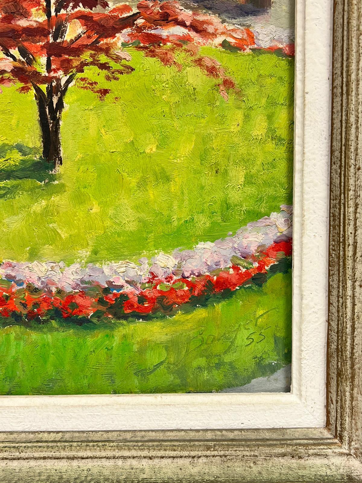 Artist/ School: French School, signed and dated 55

Title: The Flower Garden

Medium: oil on board, framed

Framed: 19 x 16 inches
Size: 16 x 13 inches

Colors: Green colors, pink, red, orange, blue and brown

Provenance: private collection,