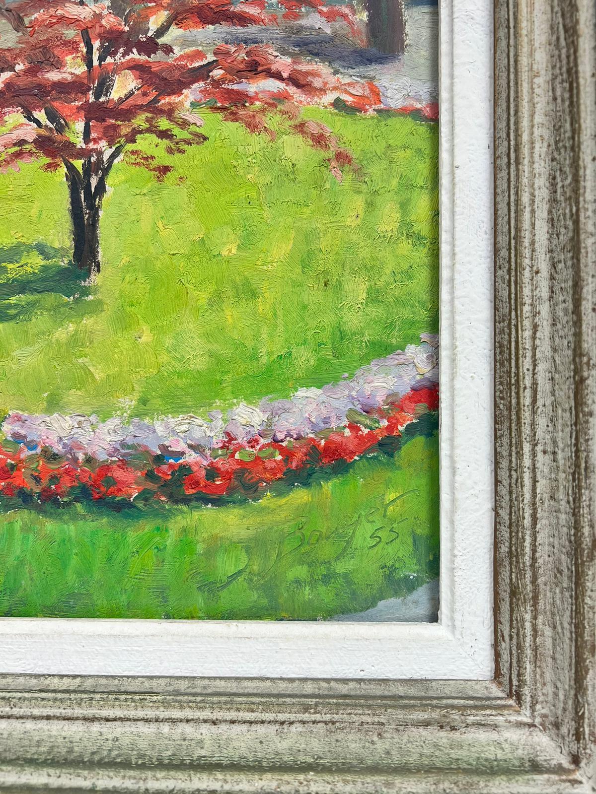 1950's French Impressionist Signed Oil Flower Garden overlooking the Coast For Sale 1