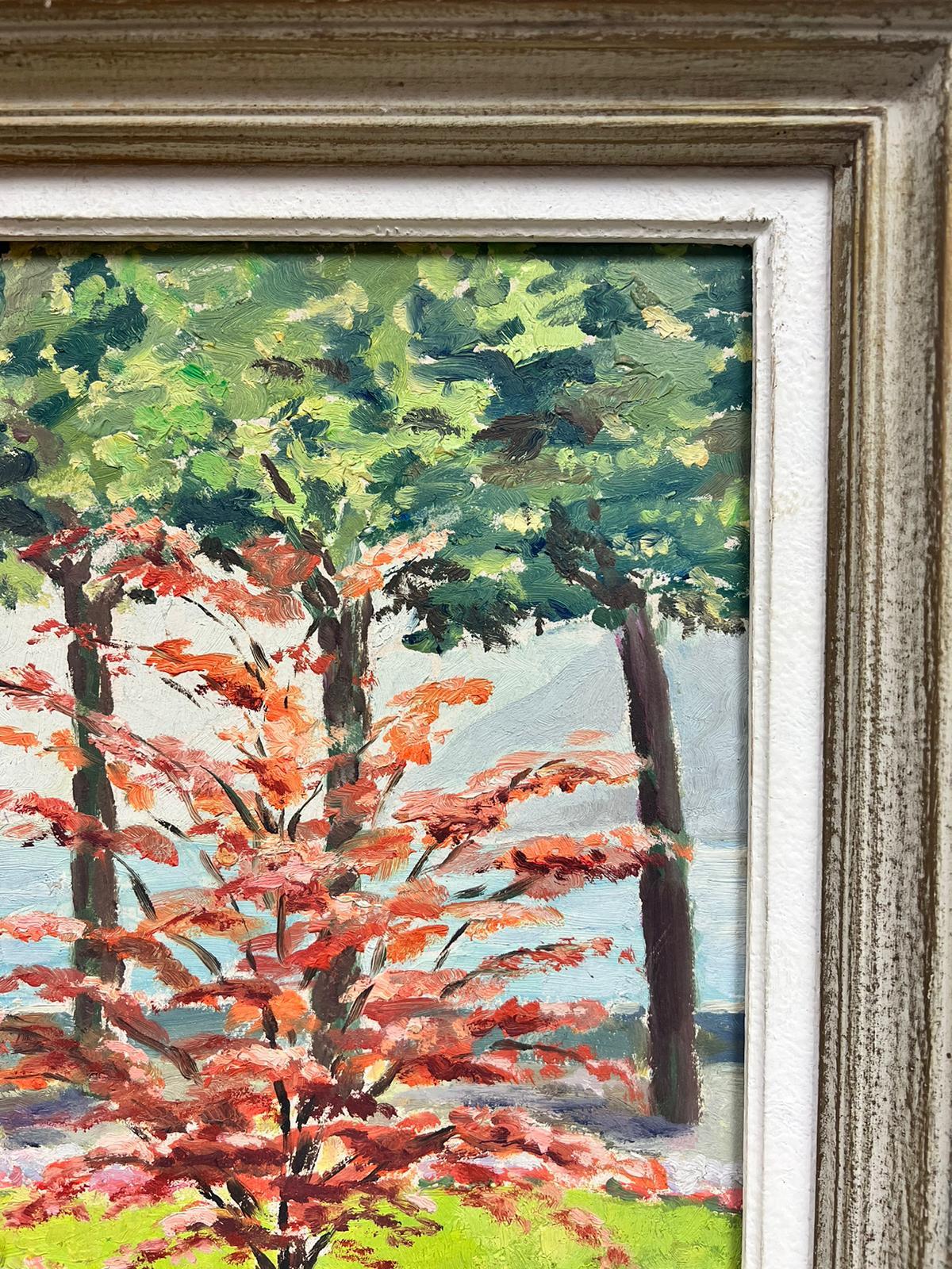 1950's French Impressionist Signed Oil Flower Garden overlooking the Coast For Sale 2