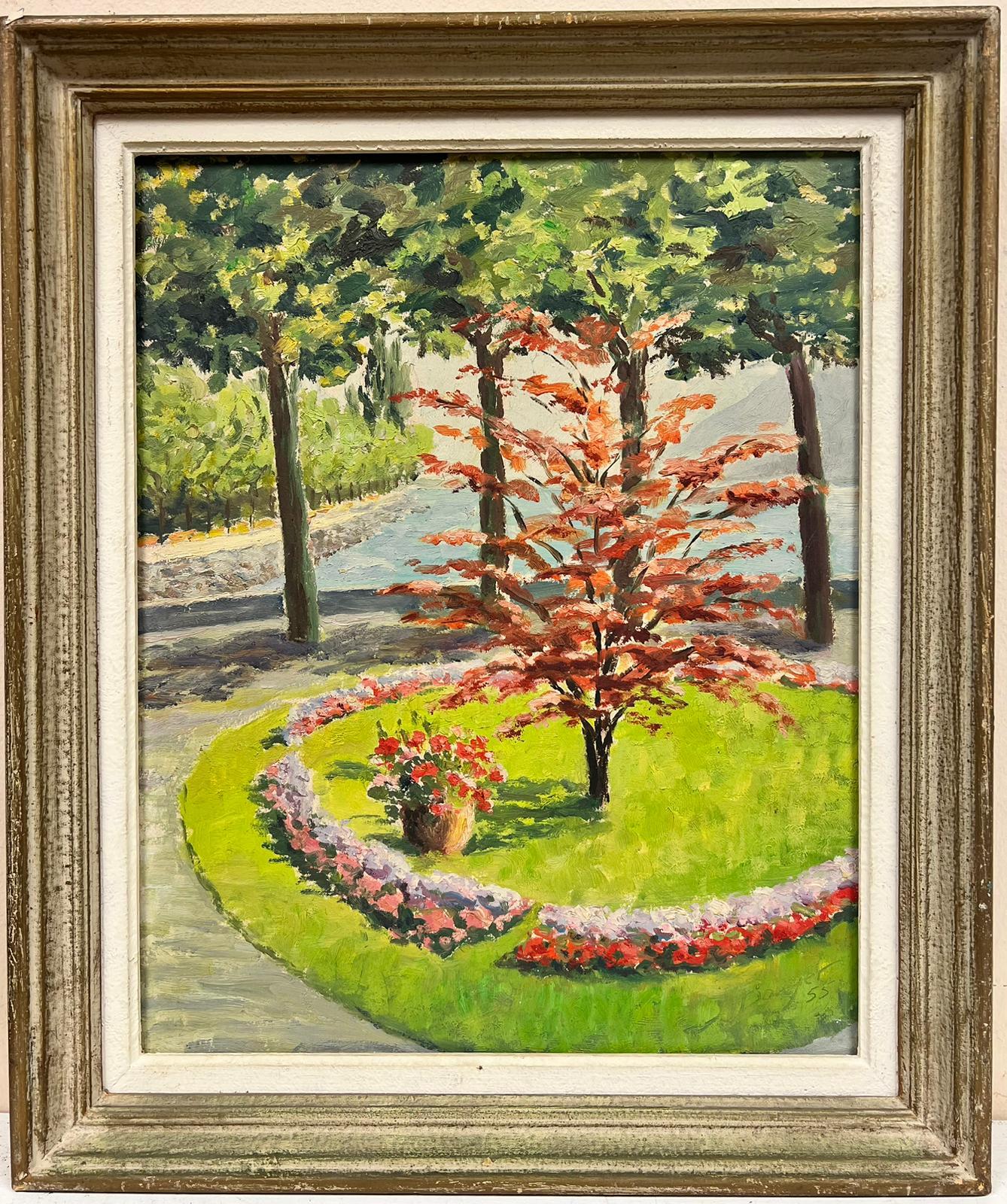 French School Landscape Painting - 1950's French Impressionist Signed Oil Flower Garden overlooking the Coast