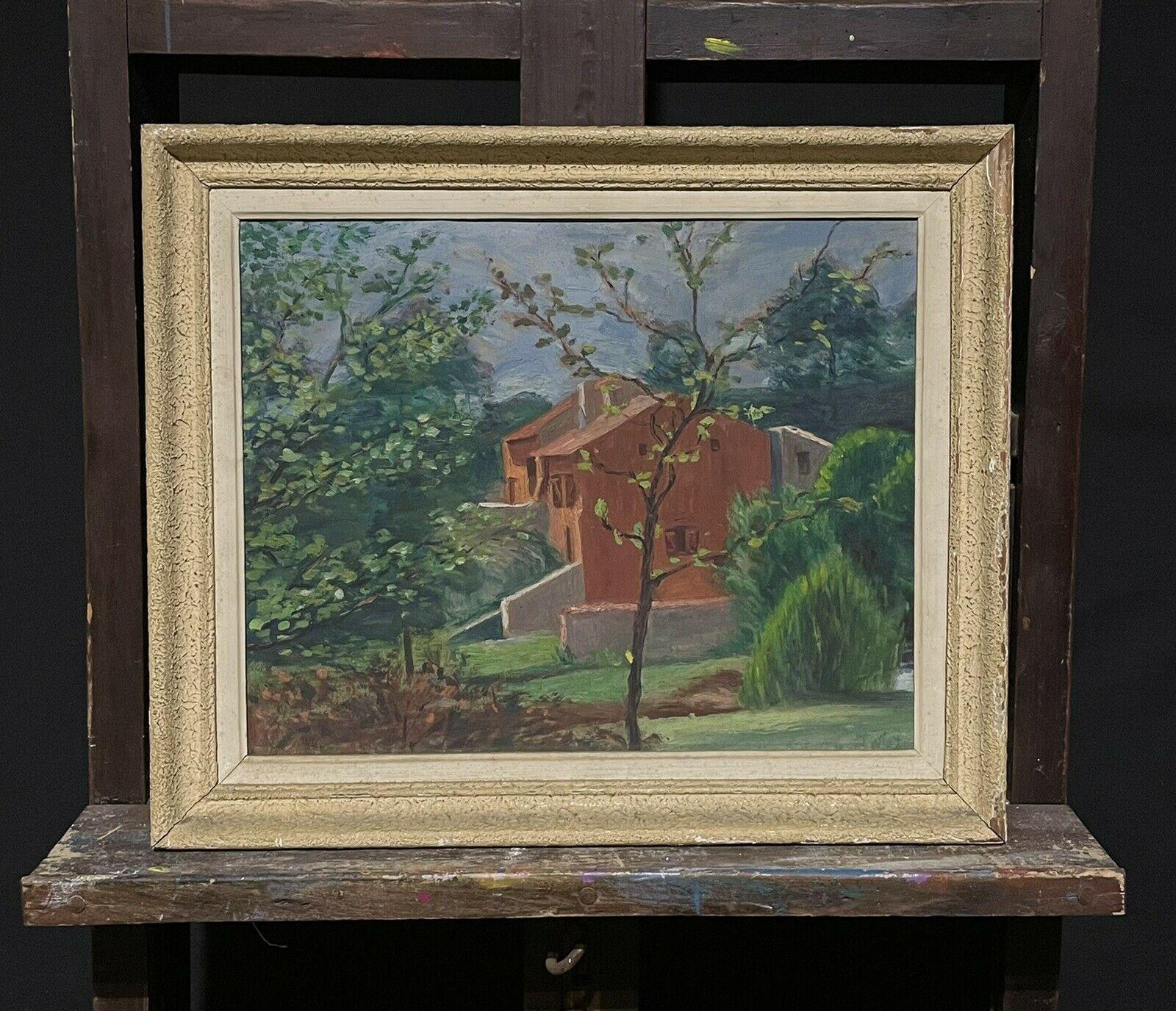 1950's French Oil Villa in Country Garden, Beautiful Greens & Ochre colors - Painting by French School