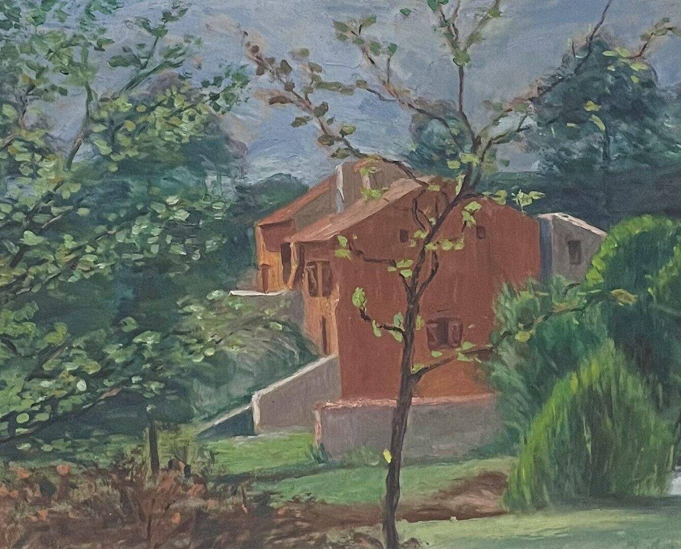 Französische Öl Villa im Landhausstil aus den 1950er Jahren in schönen Grüntönen und Ockerfarben (Impressionismus), Painting, von French School