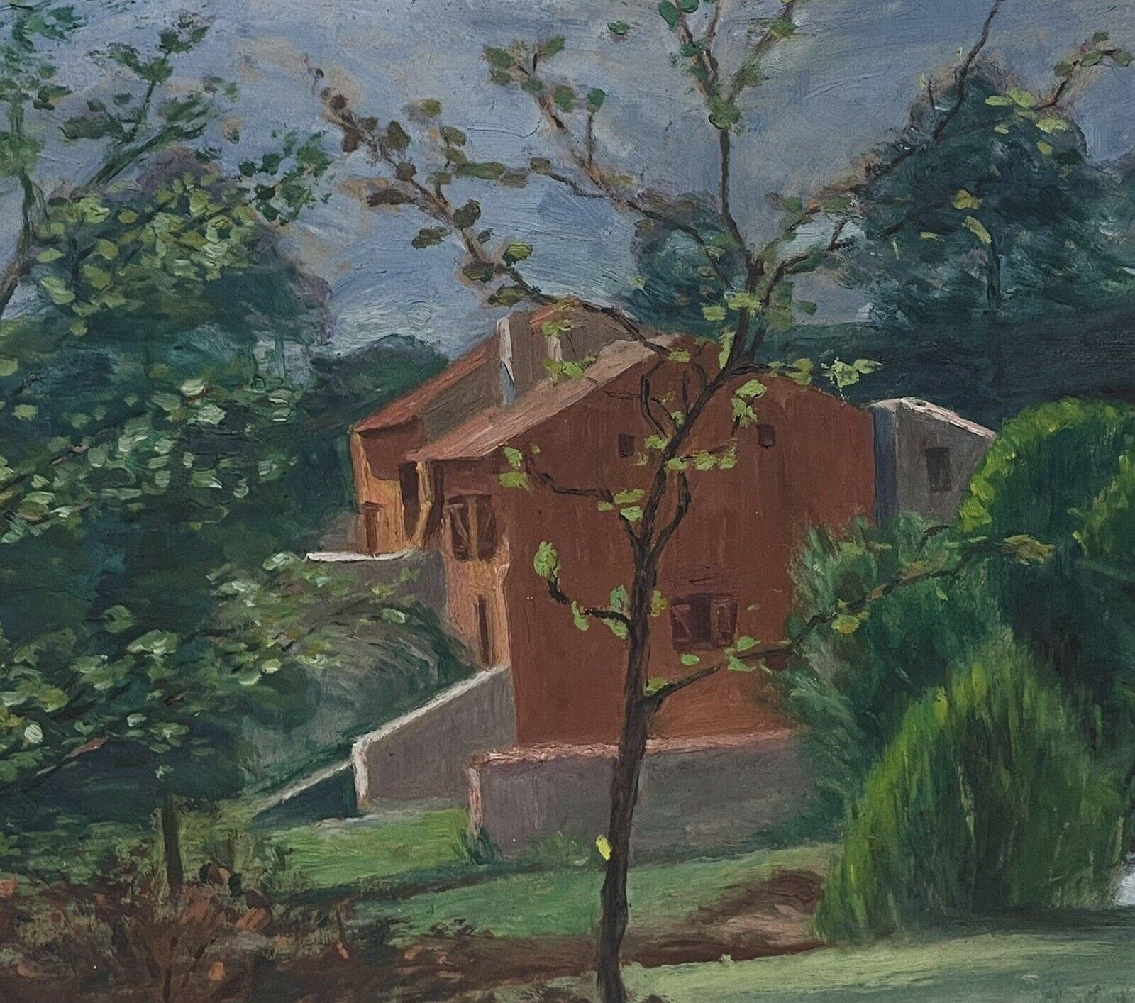 French School Landscape Painting - 1950's French Oil Villa in Country Garden, Beautiful Greens & Ochre colors