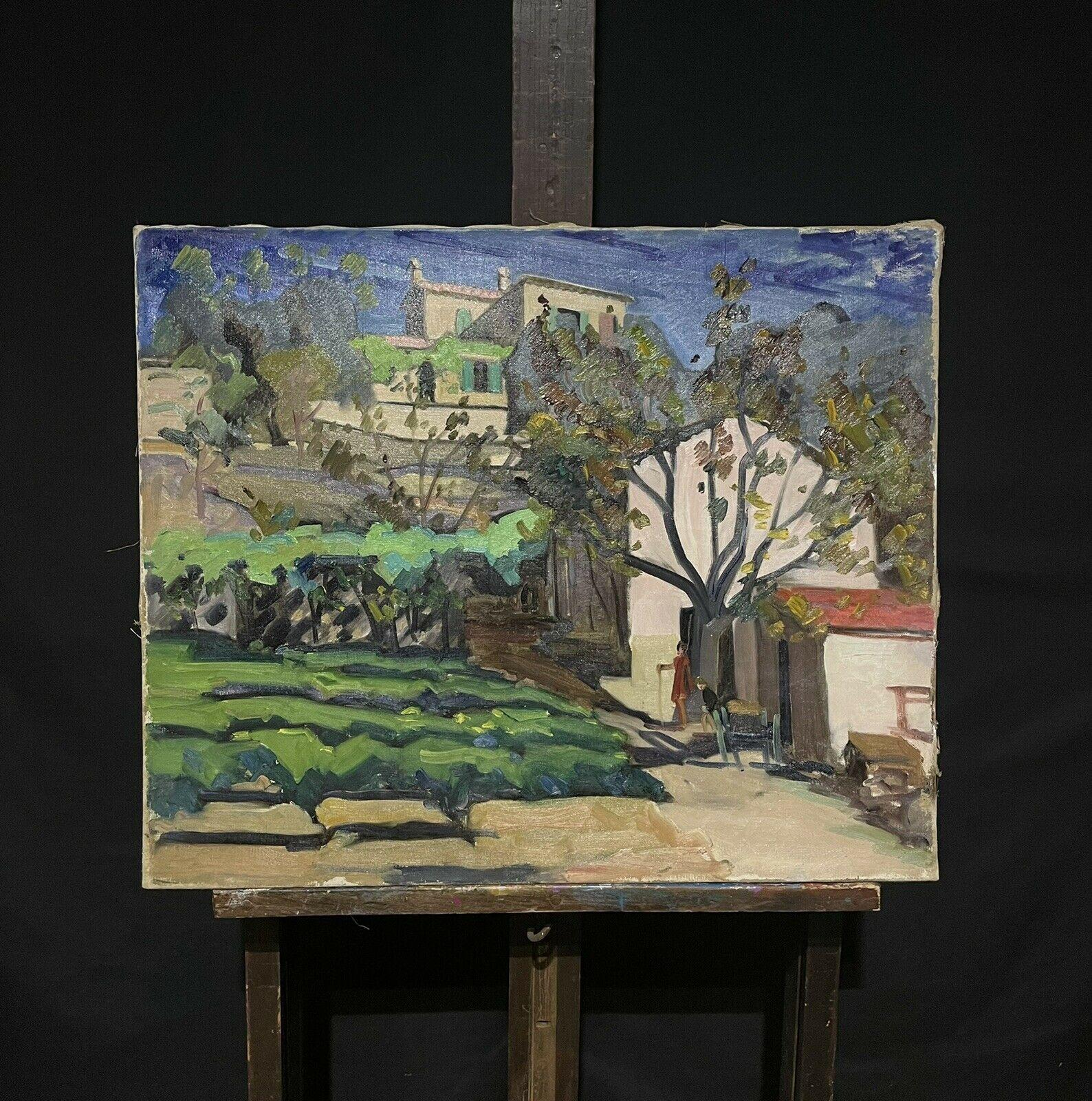 1950's French Post Impressionist Oil Figures in Provencal Village Landscape - Painting by French School