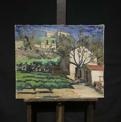 1950's French Post Impressionist Oil Figures in Provencal Village Landscape