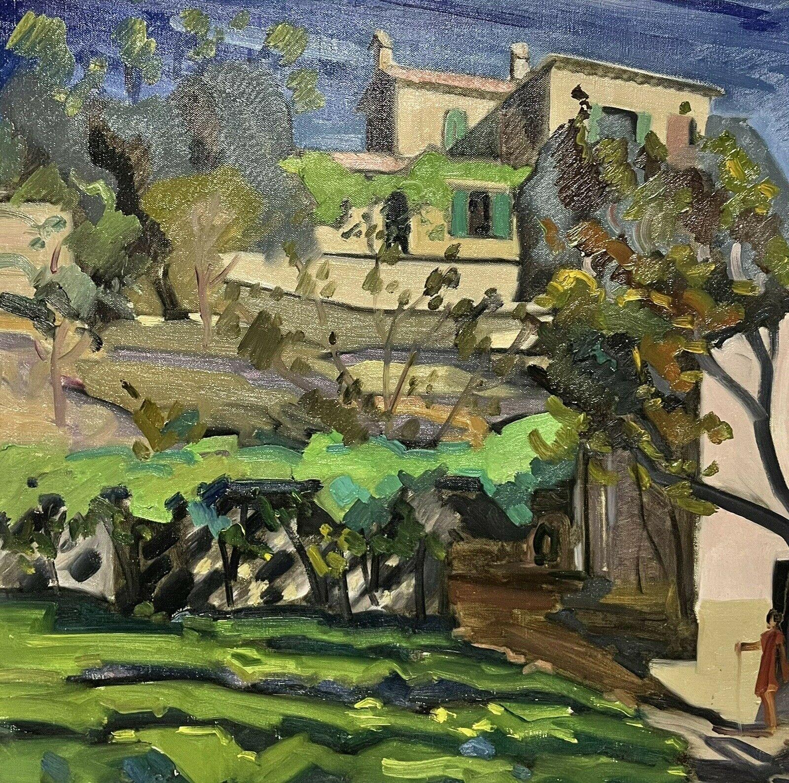1950's French Post Impressionist Oil Figures in Provencal Village Landscape - Gray Landscape Painting by French School