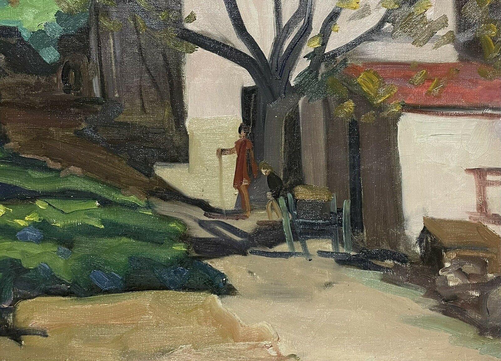Artist/ School: French Post Impressionist School, circa 1950's

Title: Figures in a sloped Provencal village landscape

Medium: oil painting on canvas, unframed

canvas: 23.75 x 28.75 inches

Provenance: private collection, France

Condition: The