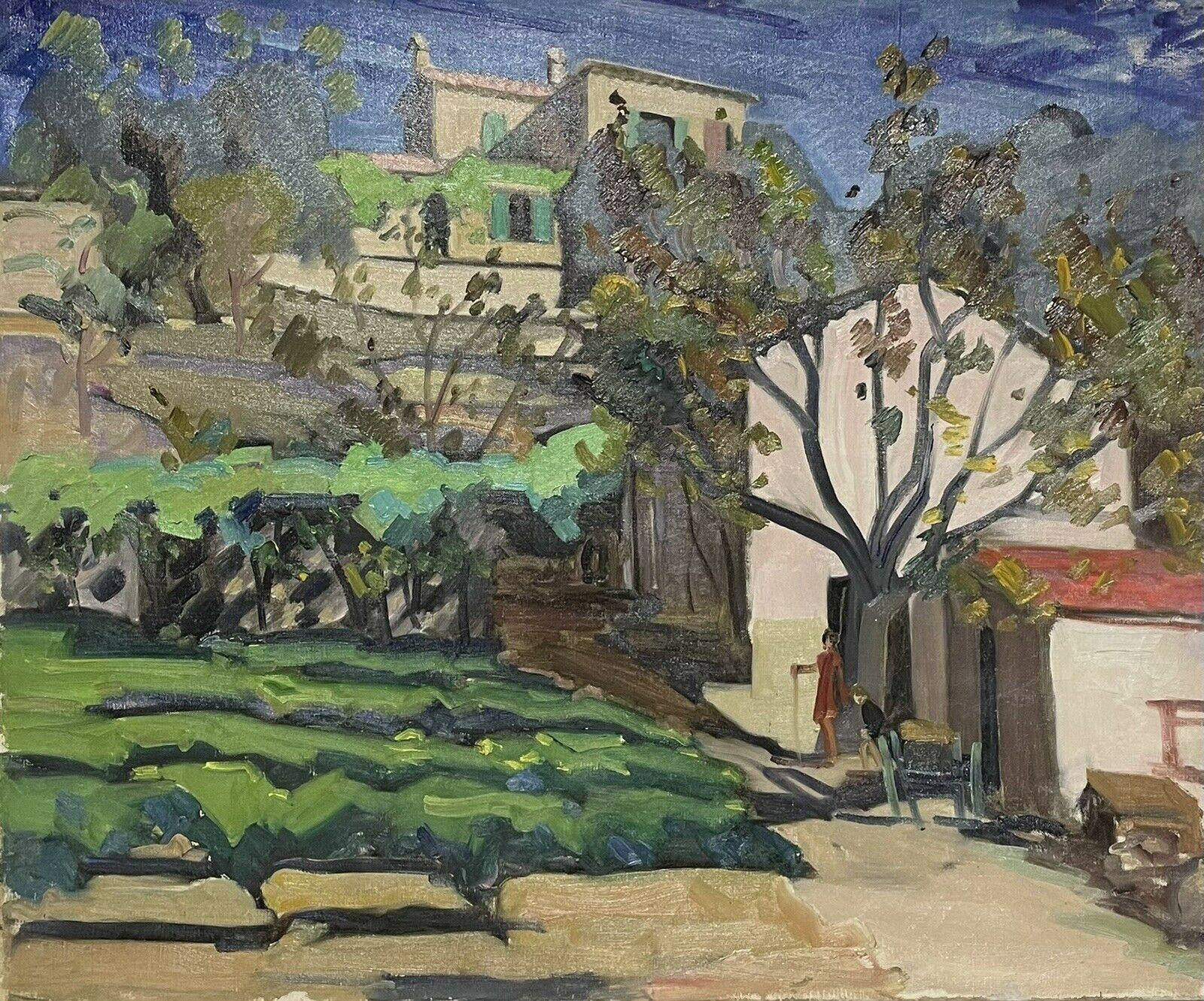 French School Landscape Painting - 1950's French Post Impressionist Oil Figures in Provencal Village Landscape