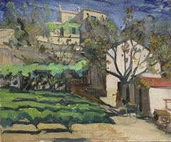 Vintage 1950's French Post Impressionist Oil Figures in Provencal Village Landscape