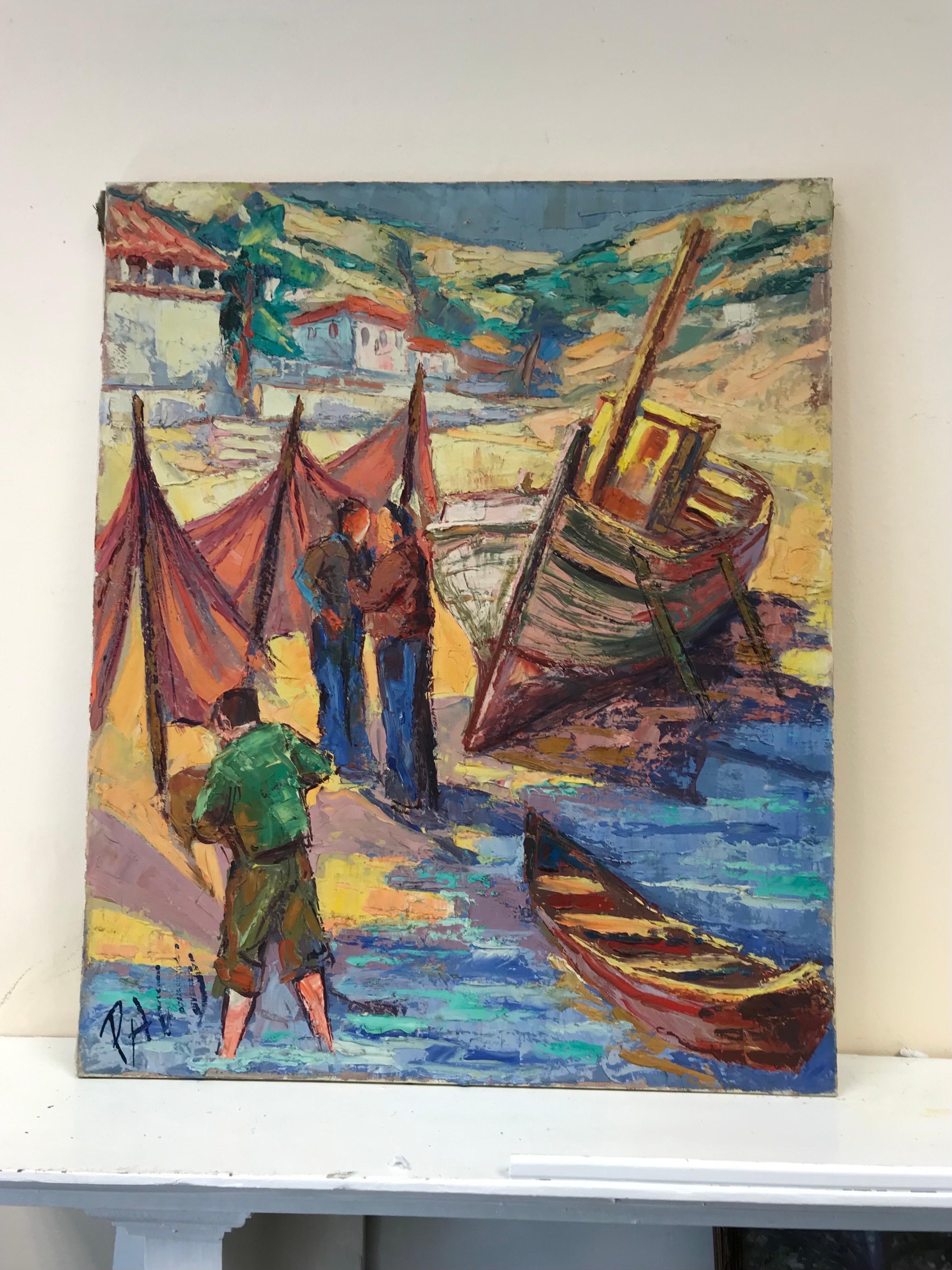Olio firmato da un post-impressionista francese del 1950 - Pescatori con barche sulla spiaggia - Painting di French School