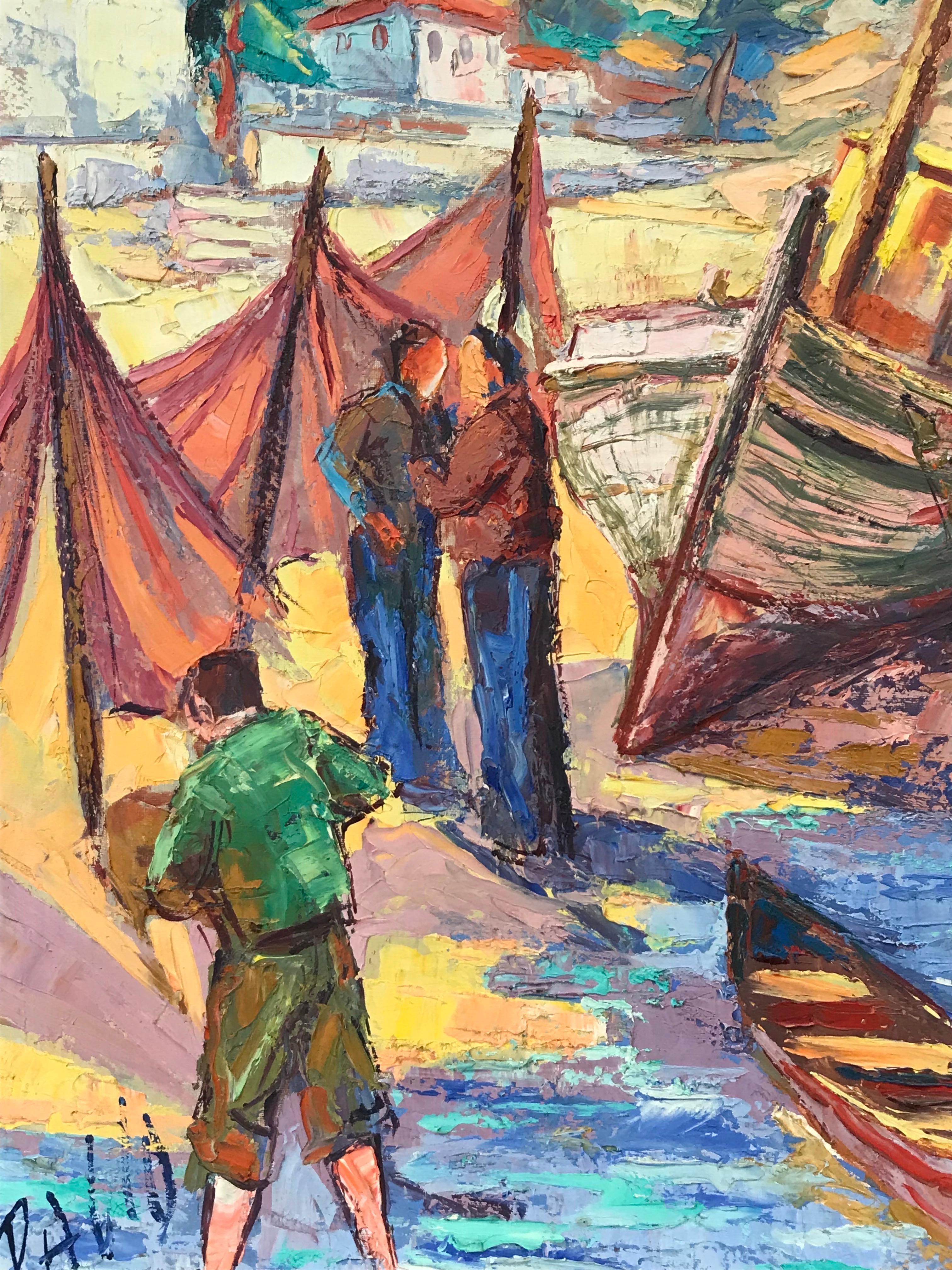 1950's French Post-Impressionist Signed Oil - Fishermen with Boats on Beach  - Gray Landscape Painting by French School