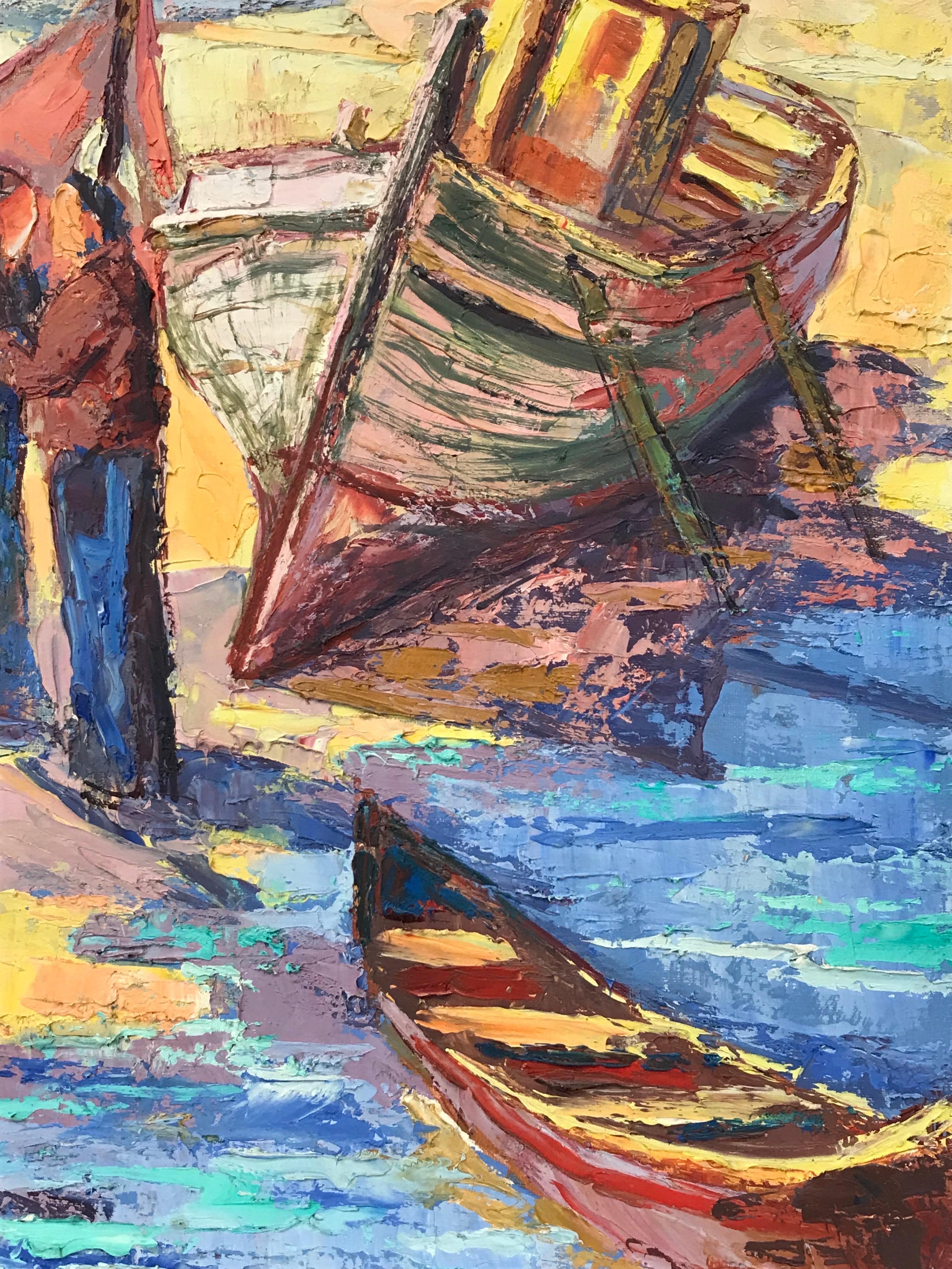 Olio firmato da un post-impressionista francese del 1950 - Pescatori con barche sulla spiaggia - Landscape Painting Grigio di French School