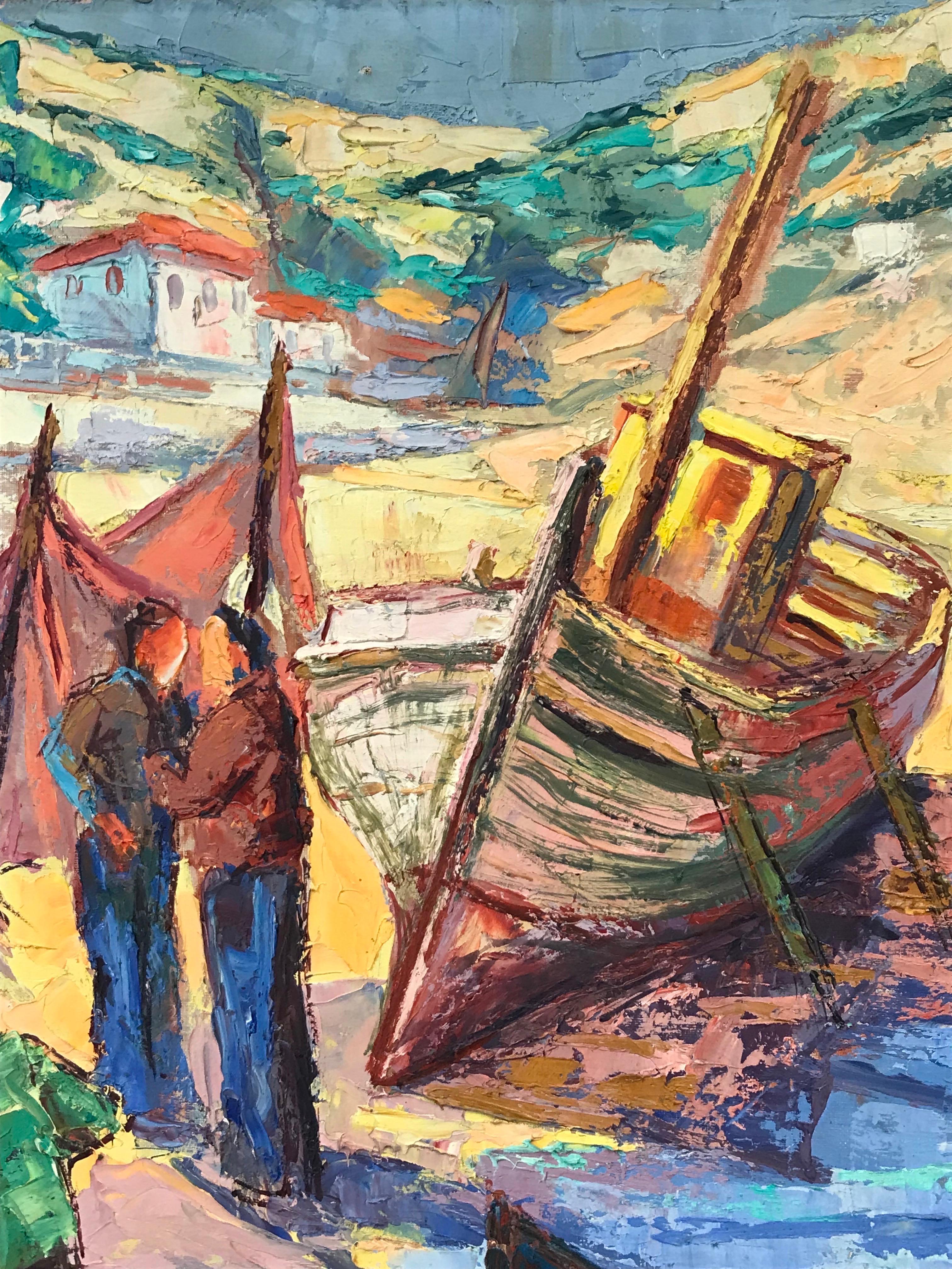 1950's French Post-Impressionist Signed Oil - Fishermen with Boats on Beach  For Sale 1