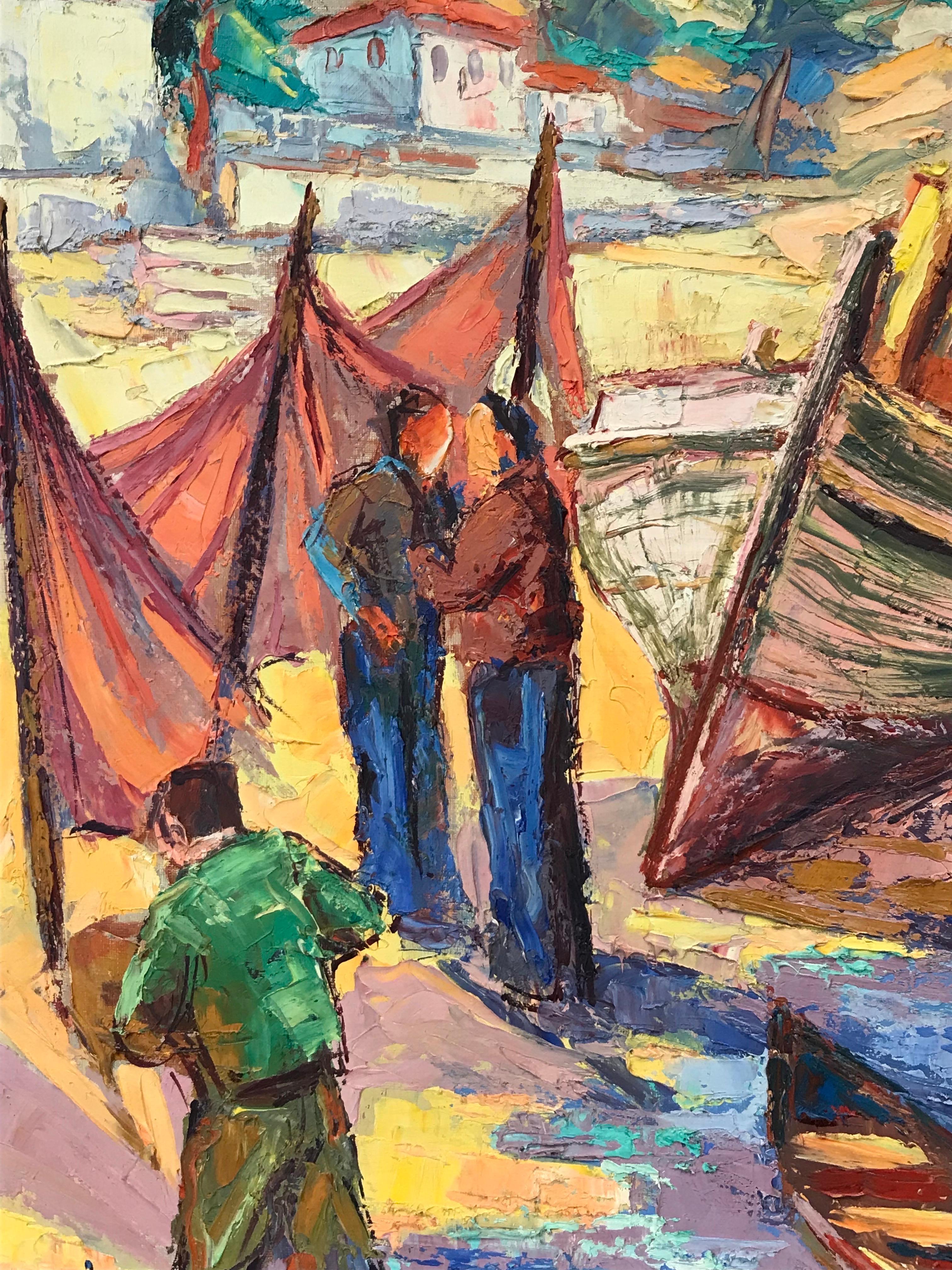 1950's French Post-Impressionist Signed Oil - Fishermen with Boats on Beach  For Sale 2