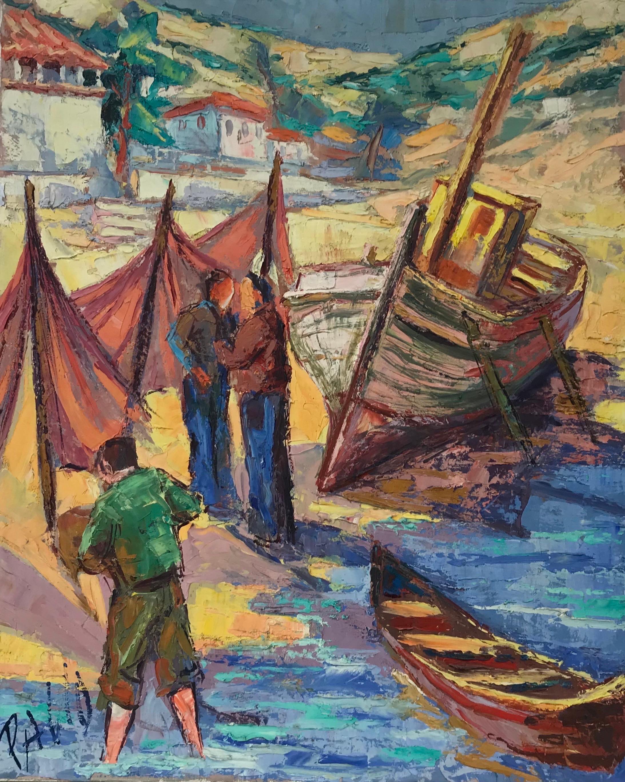 Huile post-impressionniste française des années 1950 signée, représentant des pêcheurs avec des bateaux sur la plage 