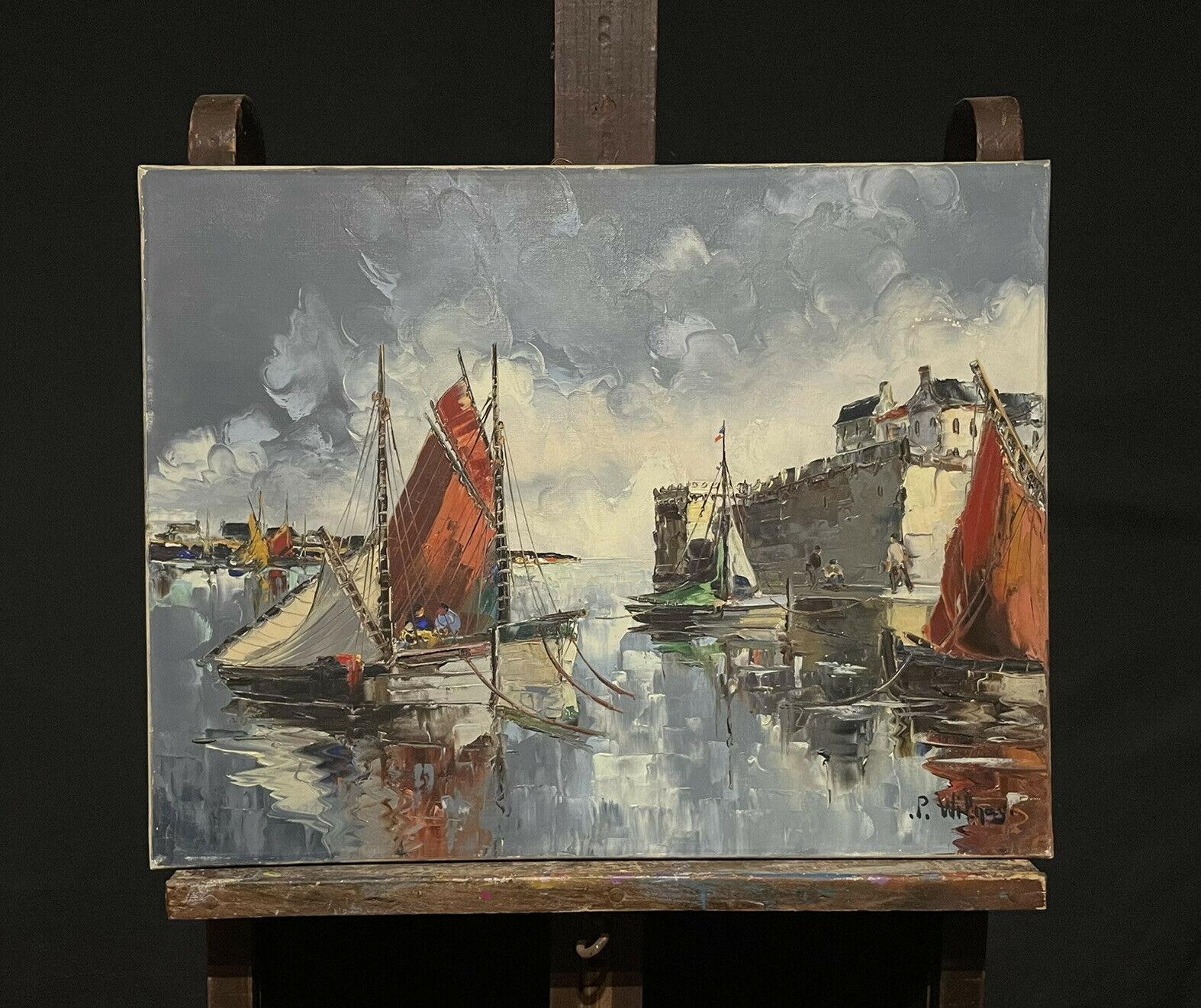 Óleo firmado en francés de los años 50, Barcos de pesca en el puerto viejo - Painting de French School