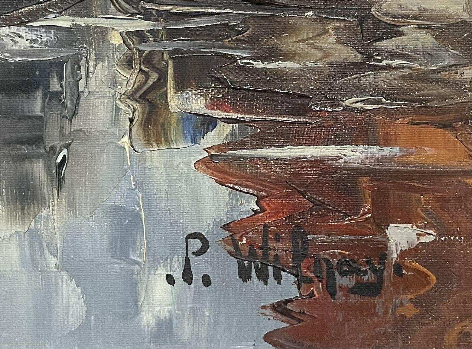 Óleo firmado en francés de los años 50, Barcos de pesca en el puerto viejo - Landscape Painting Gris de French School