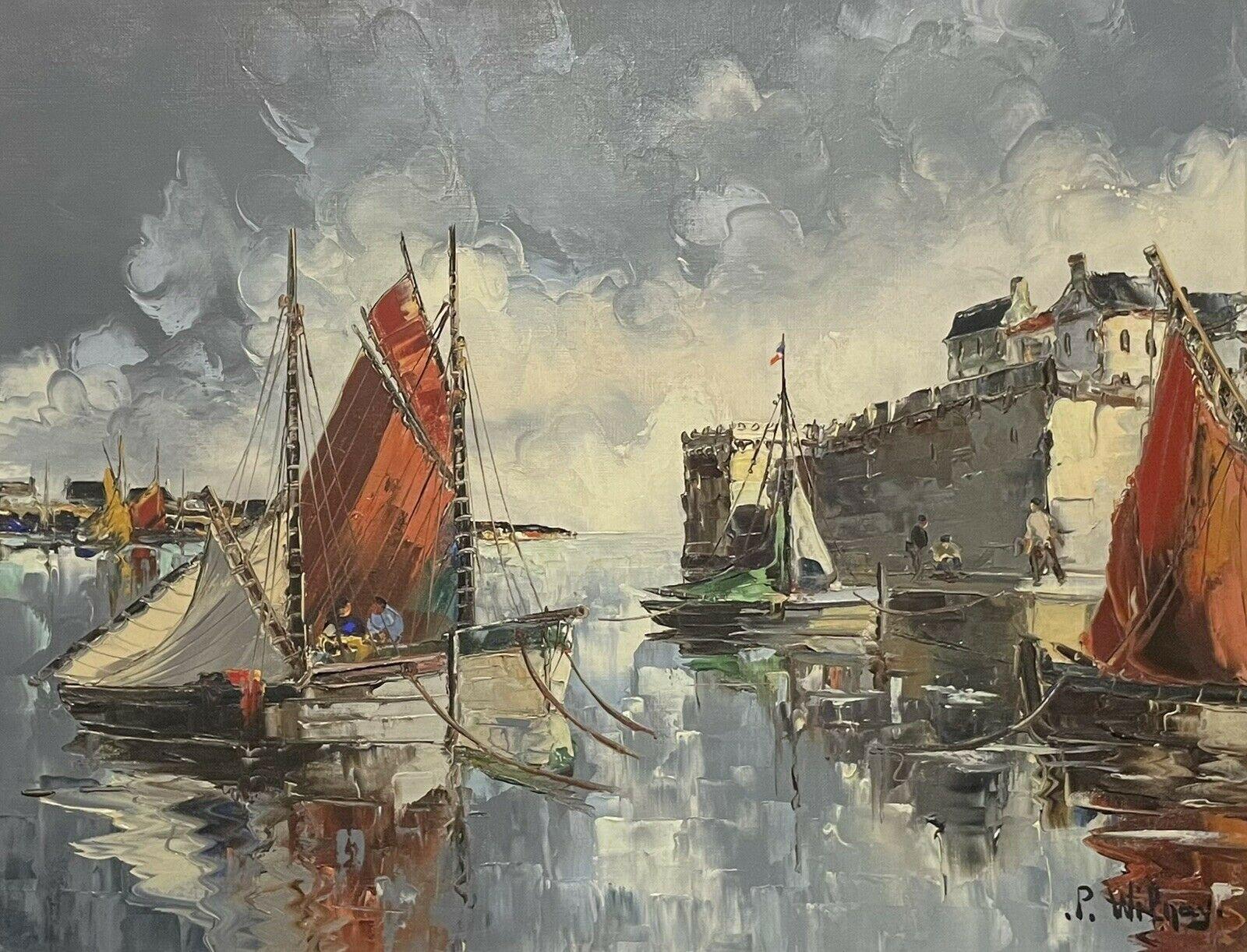 Landscape Painting de French School - Óleo firmado en francés de los años 50, Barcos de pesca en el puerto viejo