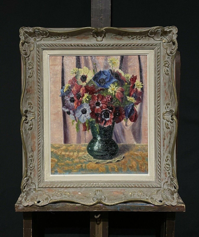 1950's French Vintage Impressionist Flower Painting in Original Frame - Gray Still-Life Painting by French School